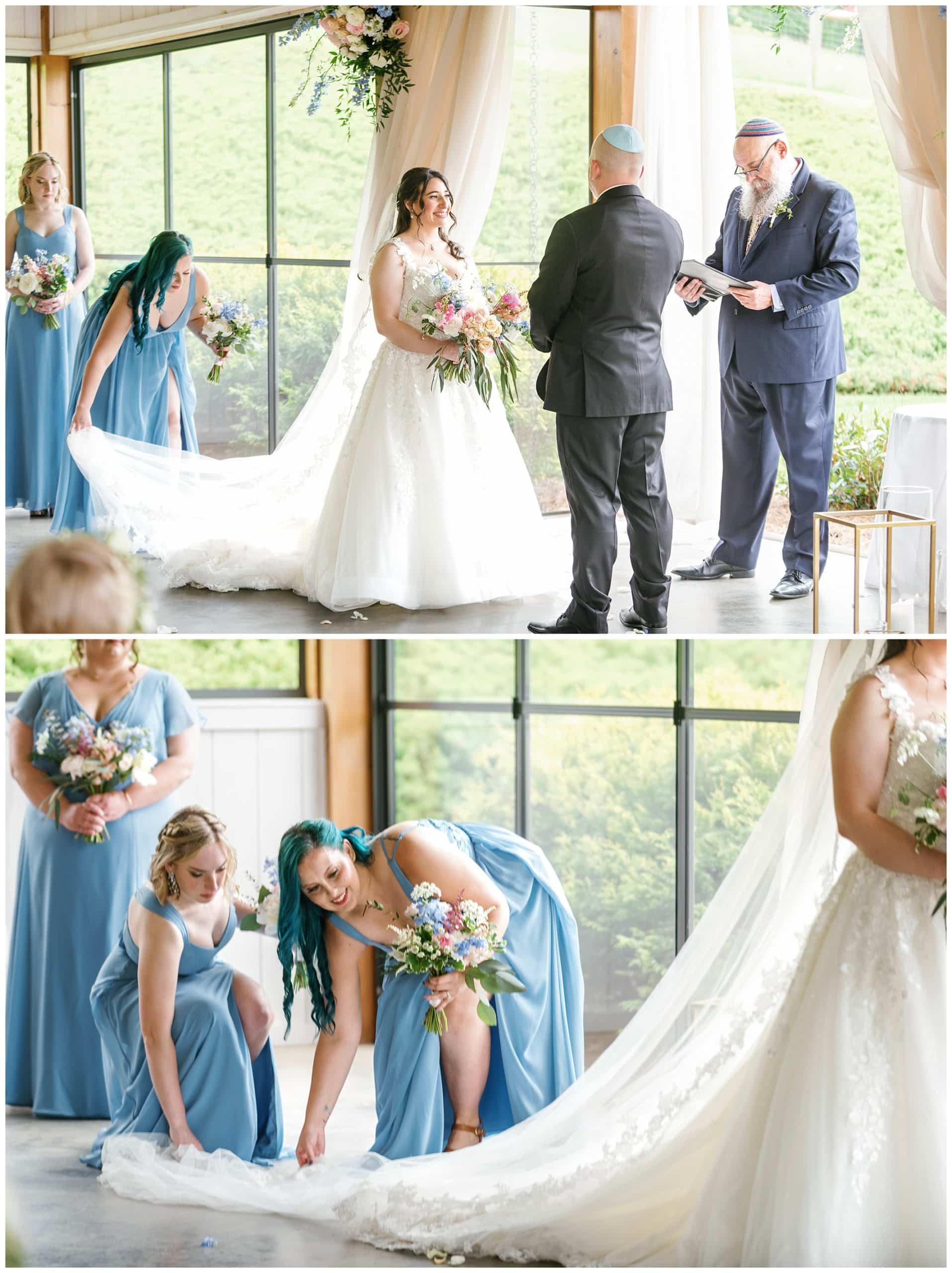 Bridemaids straighten train and veil of bride. 