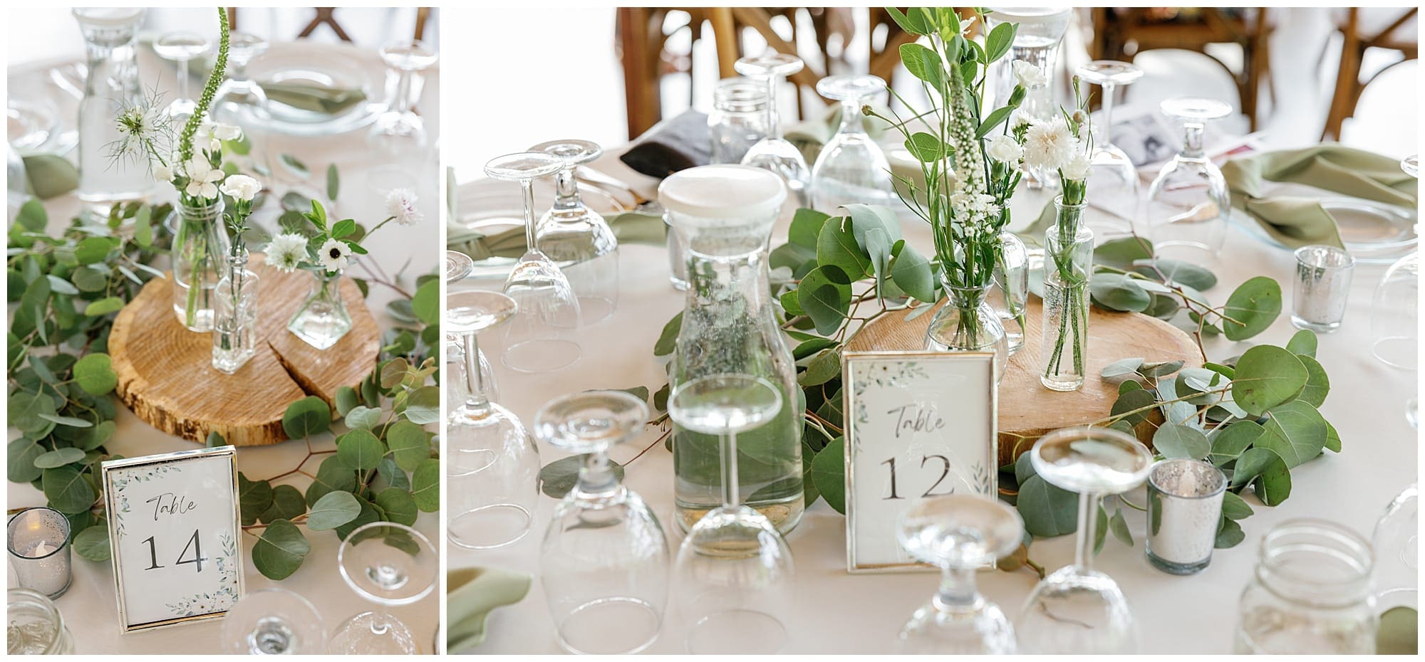 table with greenery and white flowers at Asheville Wedding