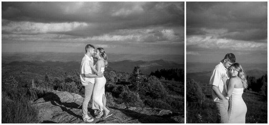 Two black and white photos of a couple embracing on top of a mountain.