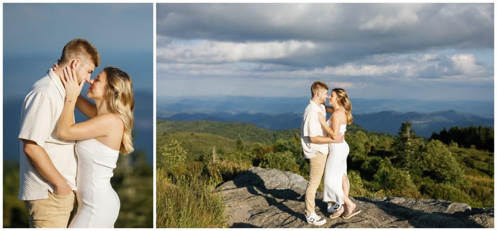 A couple kissing on top of a mountain in the blue ridge mountains.