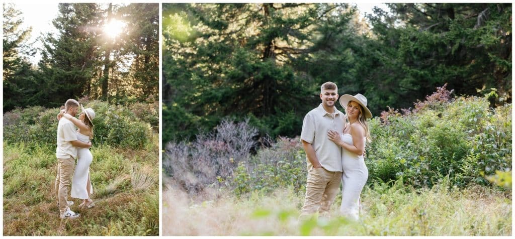Two pictures of a bride and groom embracing in a field off the Blue Ridge Parkway.