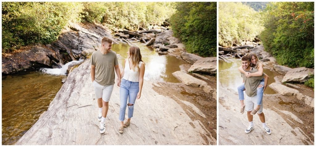 Two pictures of a couple walking along a river.