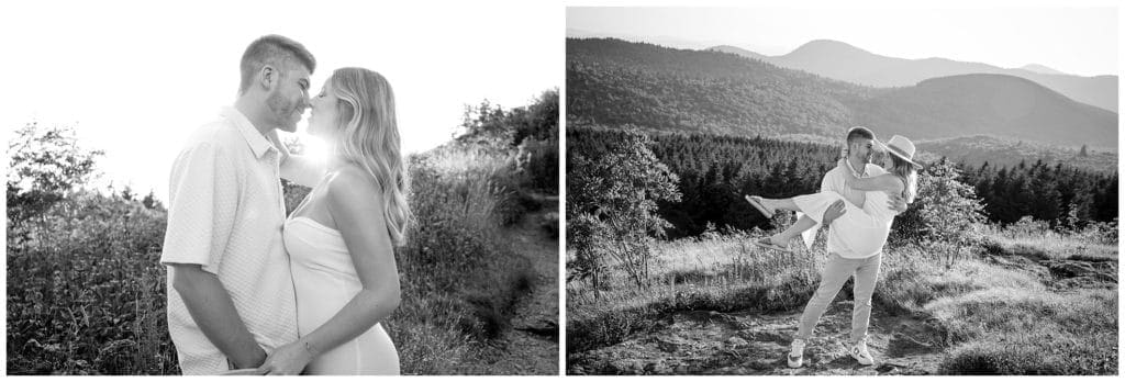 Romantic black and white pictures of a couple kissing in the mountains.