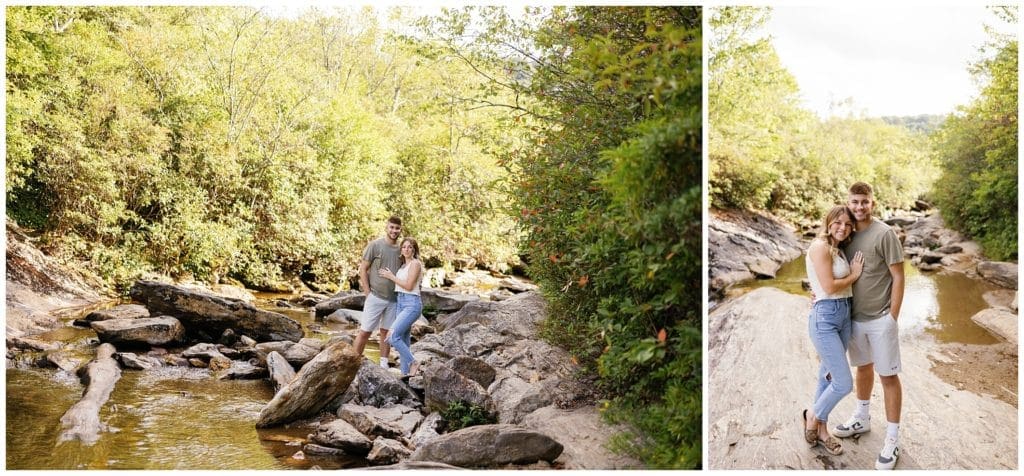 Two pictures of a couple standing on rocks in a creek at Graveyard Fields off the Blue Ridge Parkway.