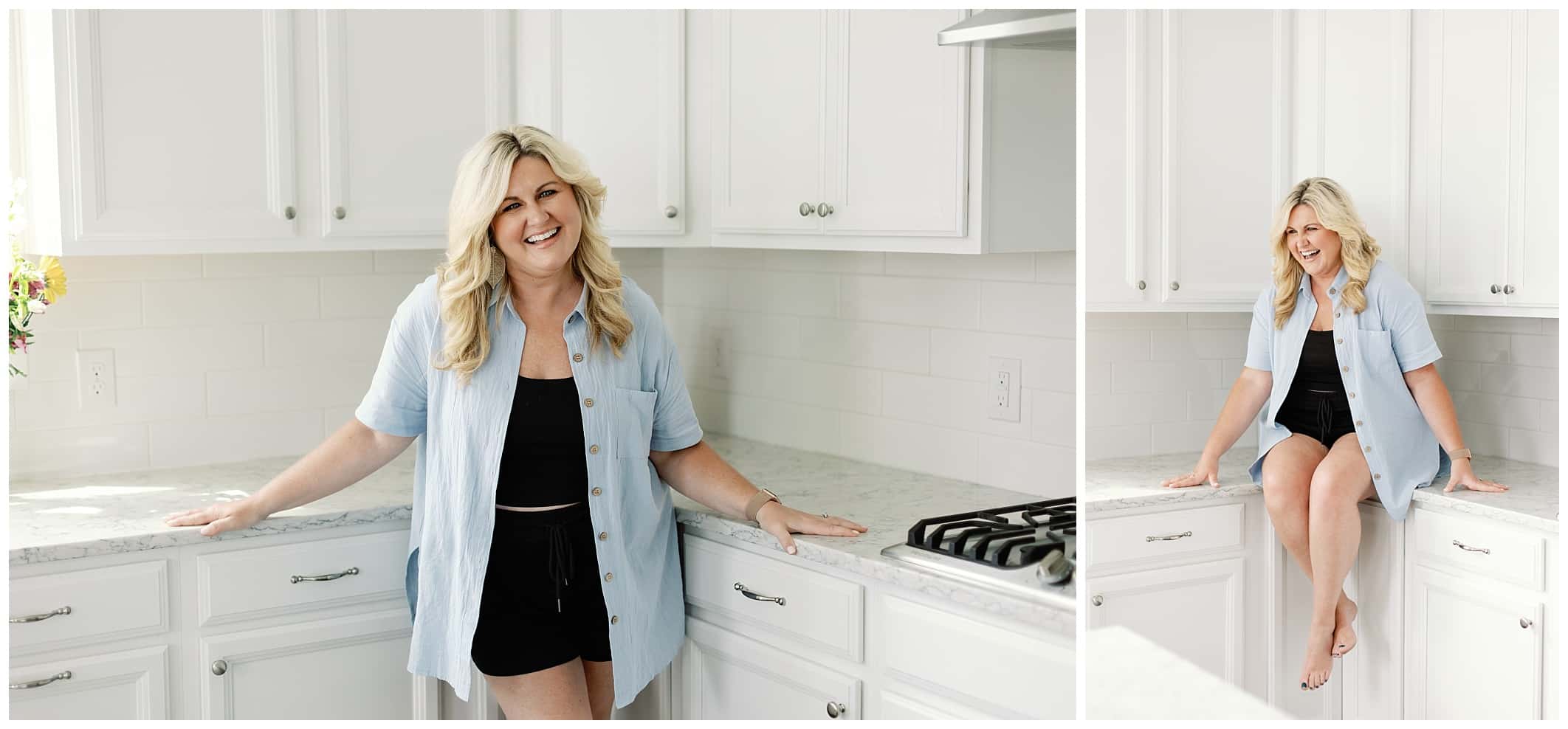 Two pictures of a woman posing in a kitchen.