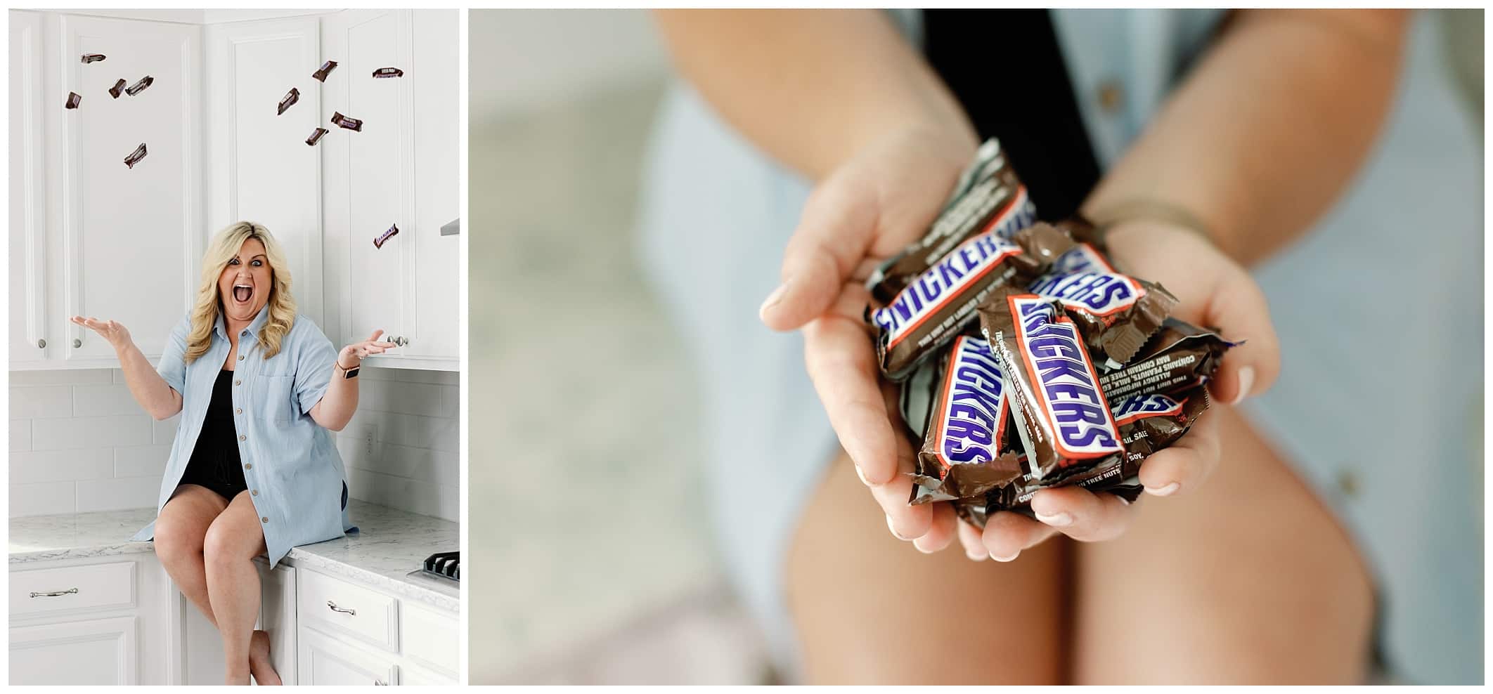 A woman is holding a snickers bar in front of a kitchen. Women Tossing snicker bars like confetti.