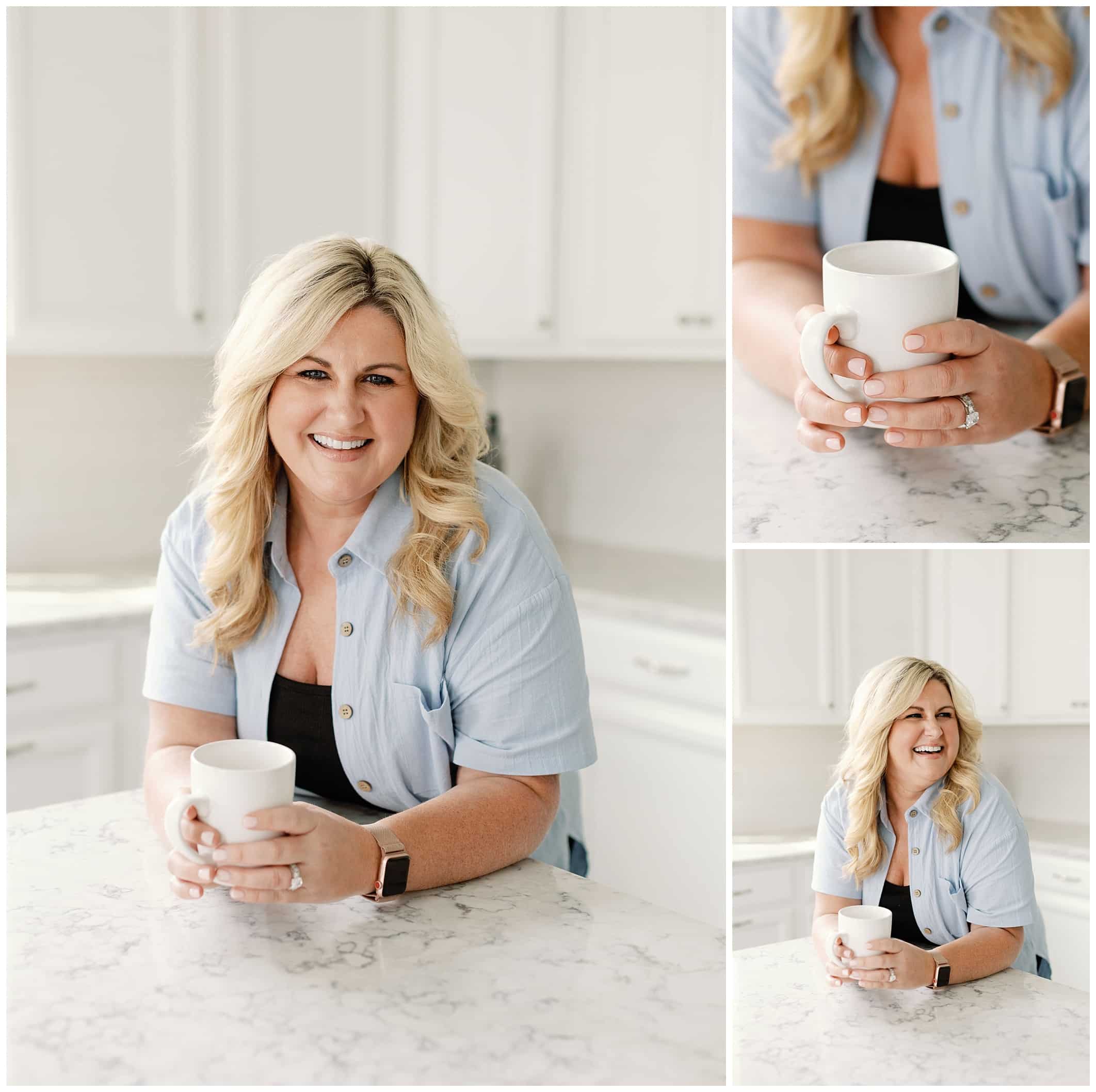 Four pictures of a woman holding a cup of coffee while smiling and laughing. 