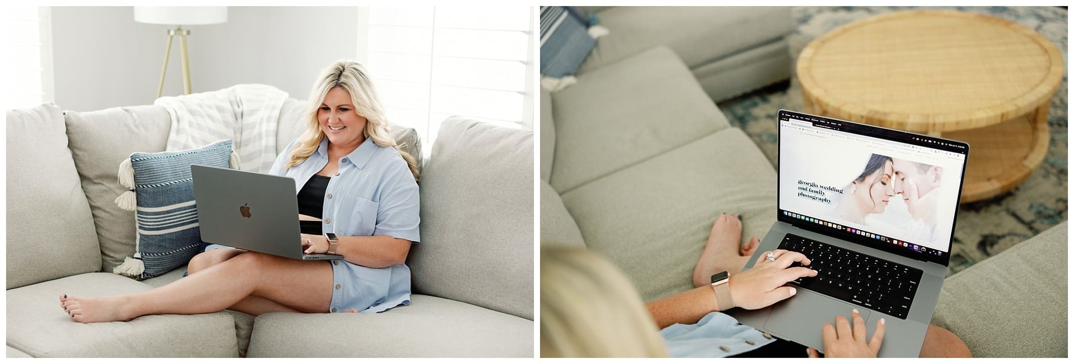 Two pictures of a woman using a laptop on a couch.