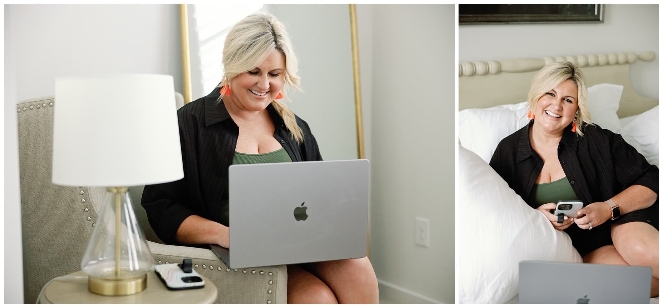 Branding photos of  of a woman sitting on a bed with a laptop.