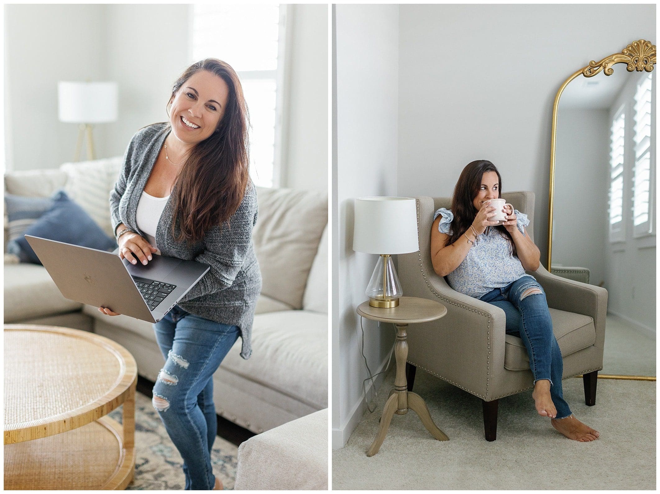 Two pictures of a woman using her laptop in her living room at the Charleston Content Creation Retreat