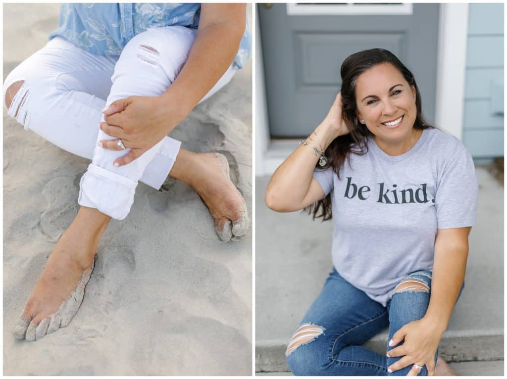 Two pictures of a woman sitting on the sand with a be kind t - shirt.