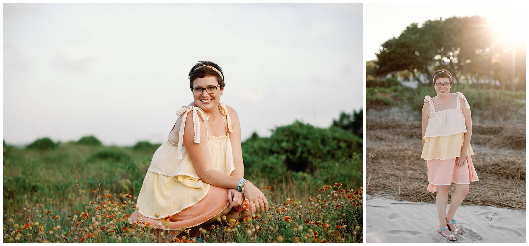 Two pictures of a woman posing in a field and on the beach at golden hour with golden sunlight shining behind them. 