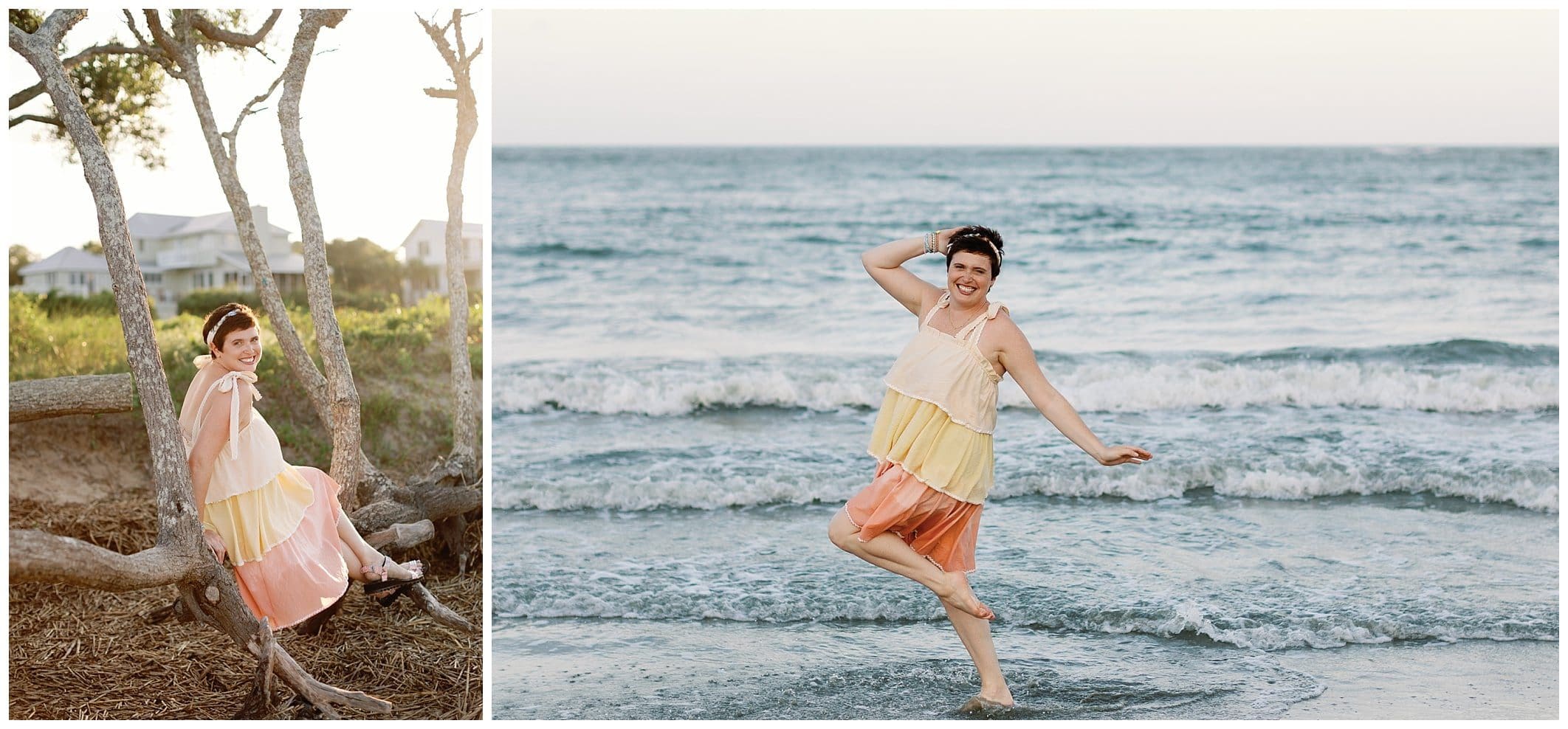 Joyful pictures of a woman in a dress on the beach.