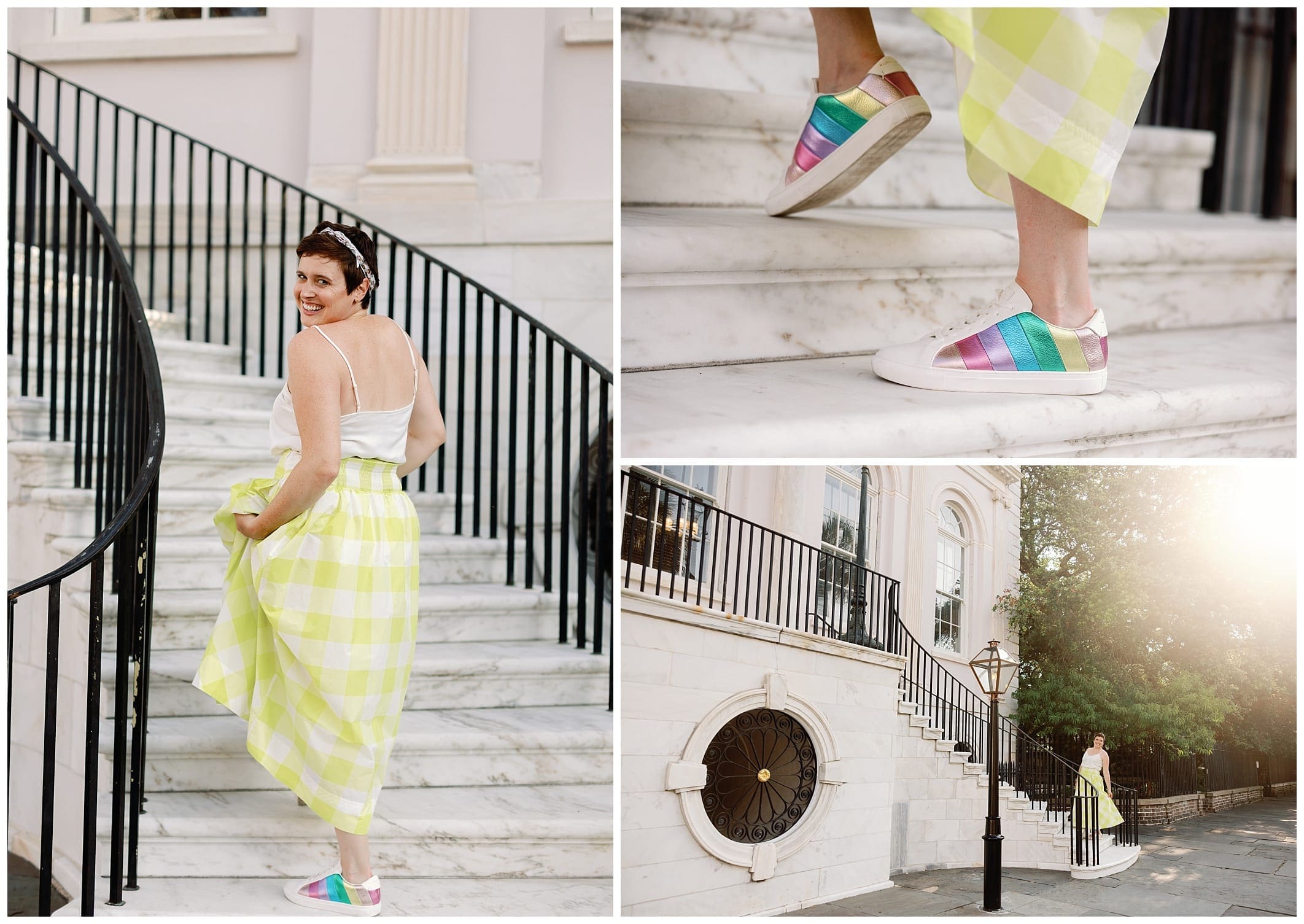 A woman wearing a yellow dress and sneakers on the stairs. in Charleston.  FUN branding abd website to photos to show off your personality. 