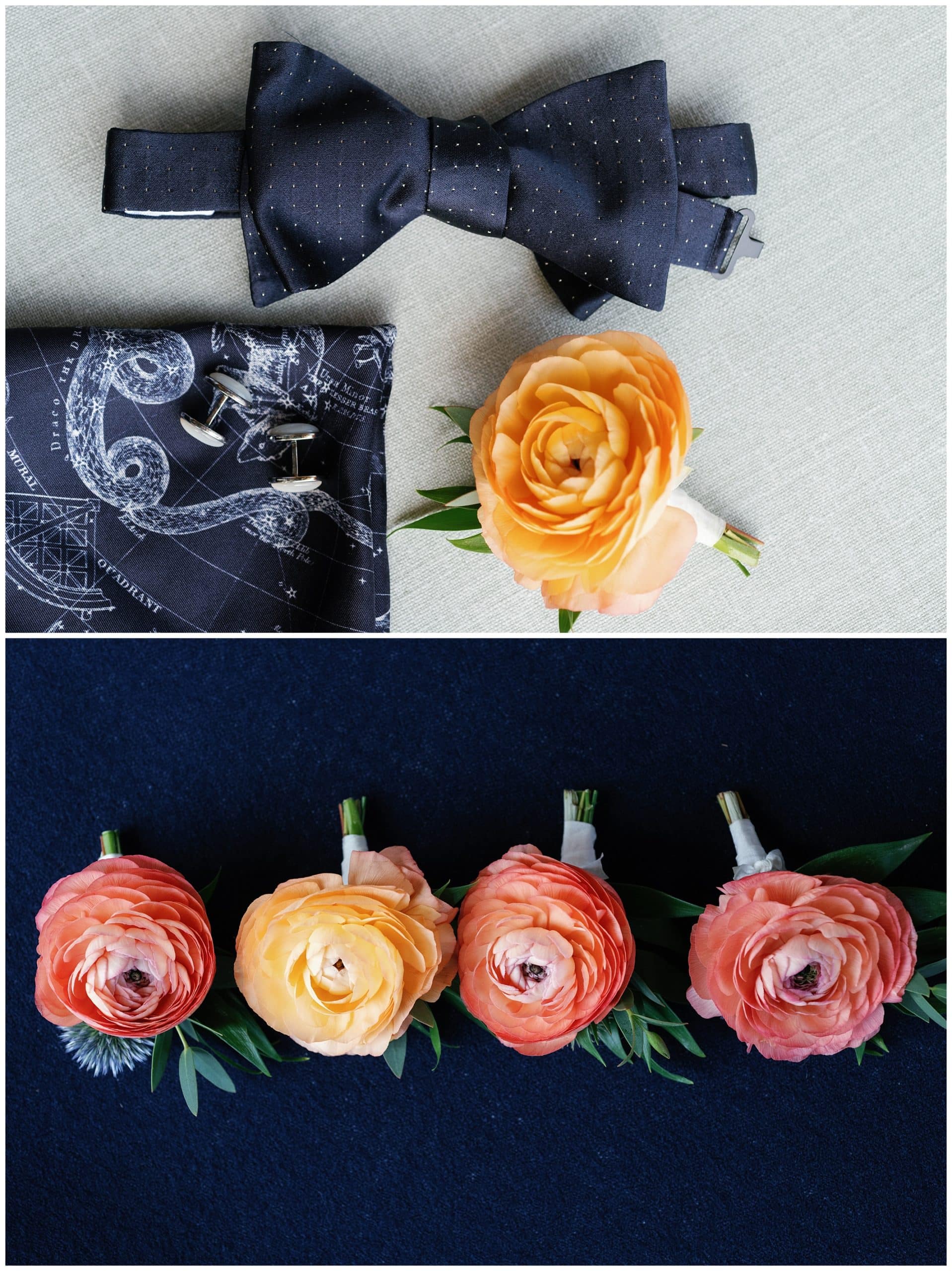 A bouquet of orange flowers, a bow tie and a boutonniere, for detail phtos of groom's items.