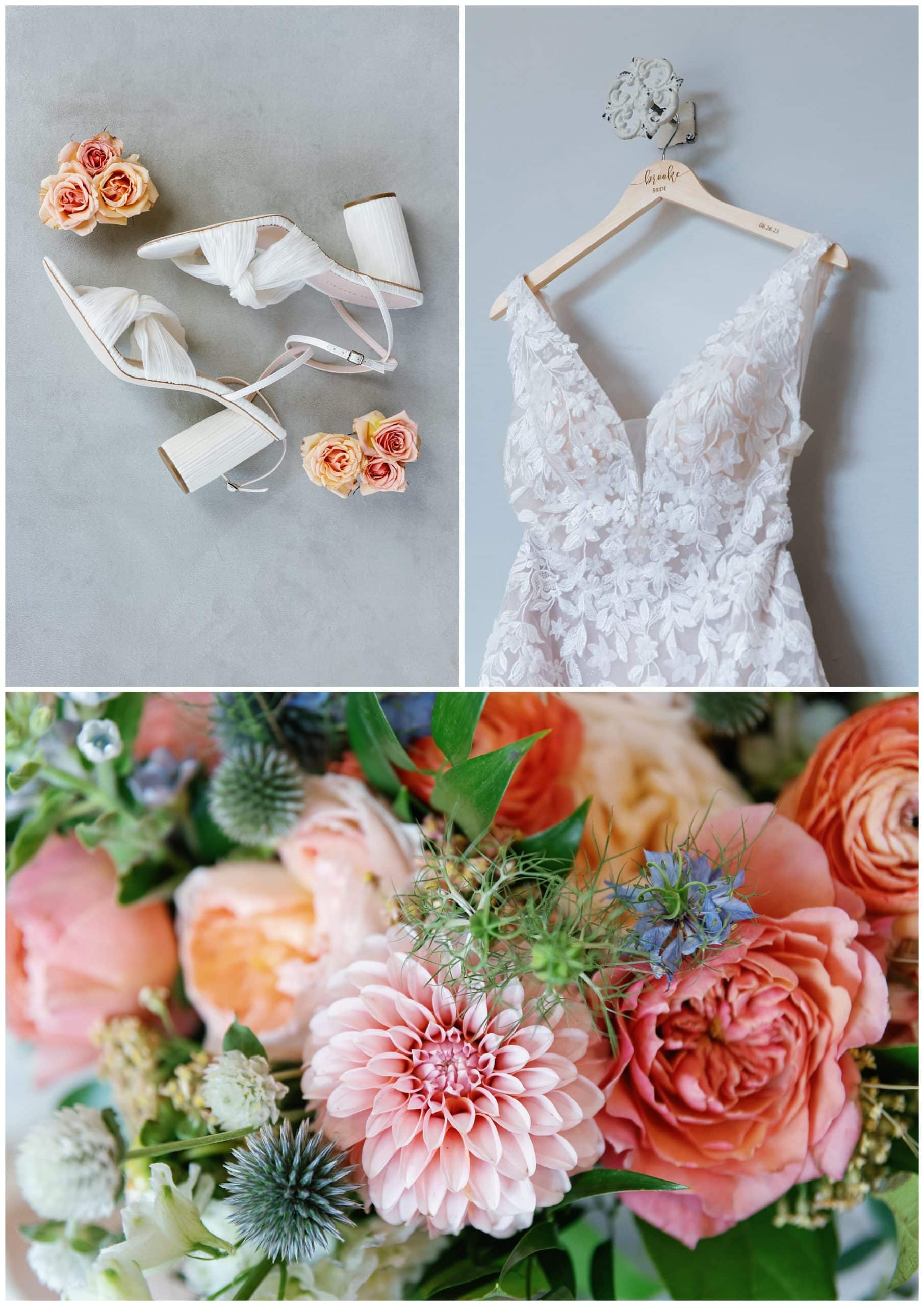 A wedding dress, shoes and flowers are shown in a collage.