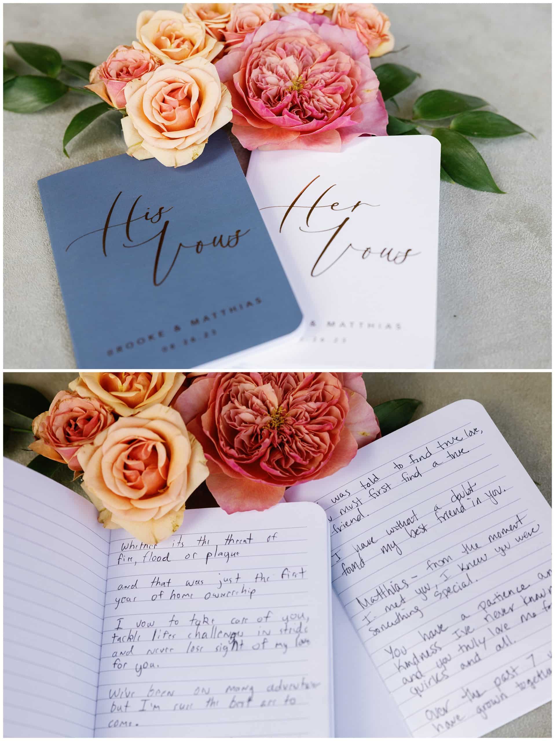 Two pictures of a his and her vowbooks with roses and writing on it.