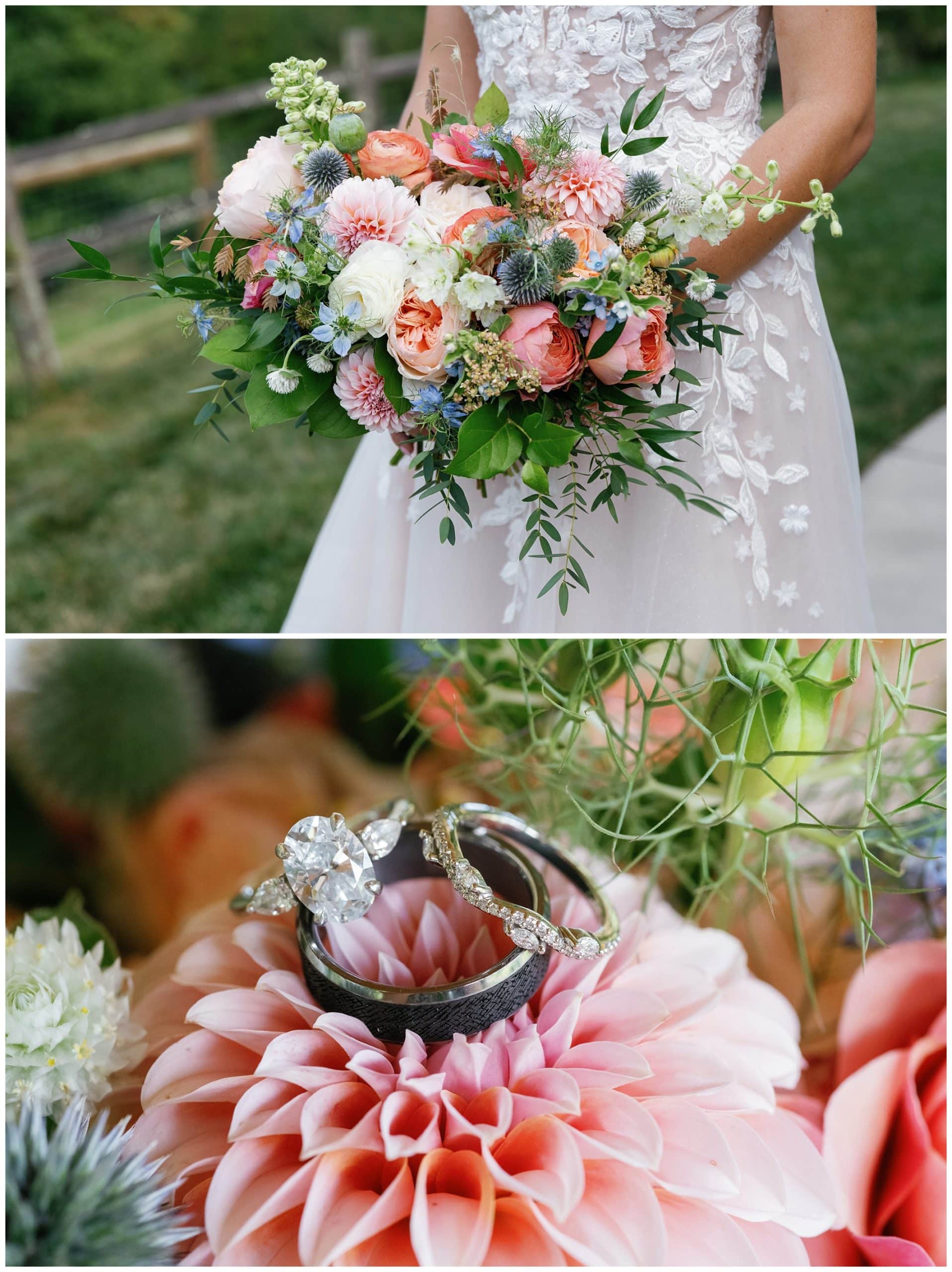 A bride holds a bouquet of pink flowers and a ring.