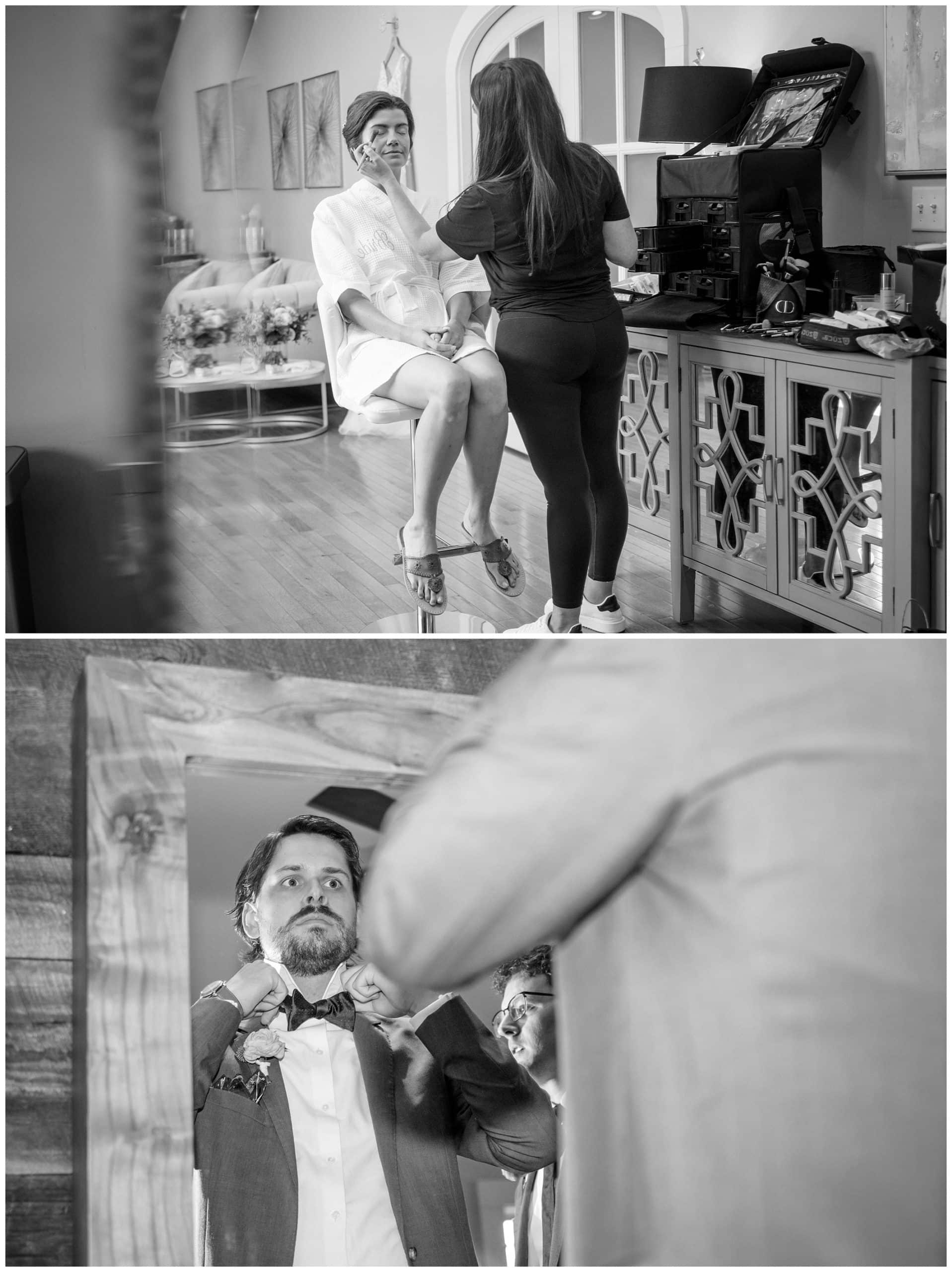 Black and white photos of bride & groom getting ready for his wedding.