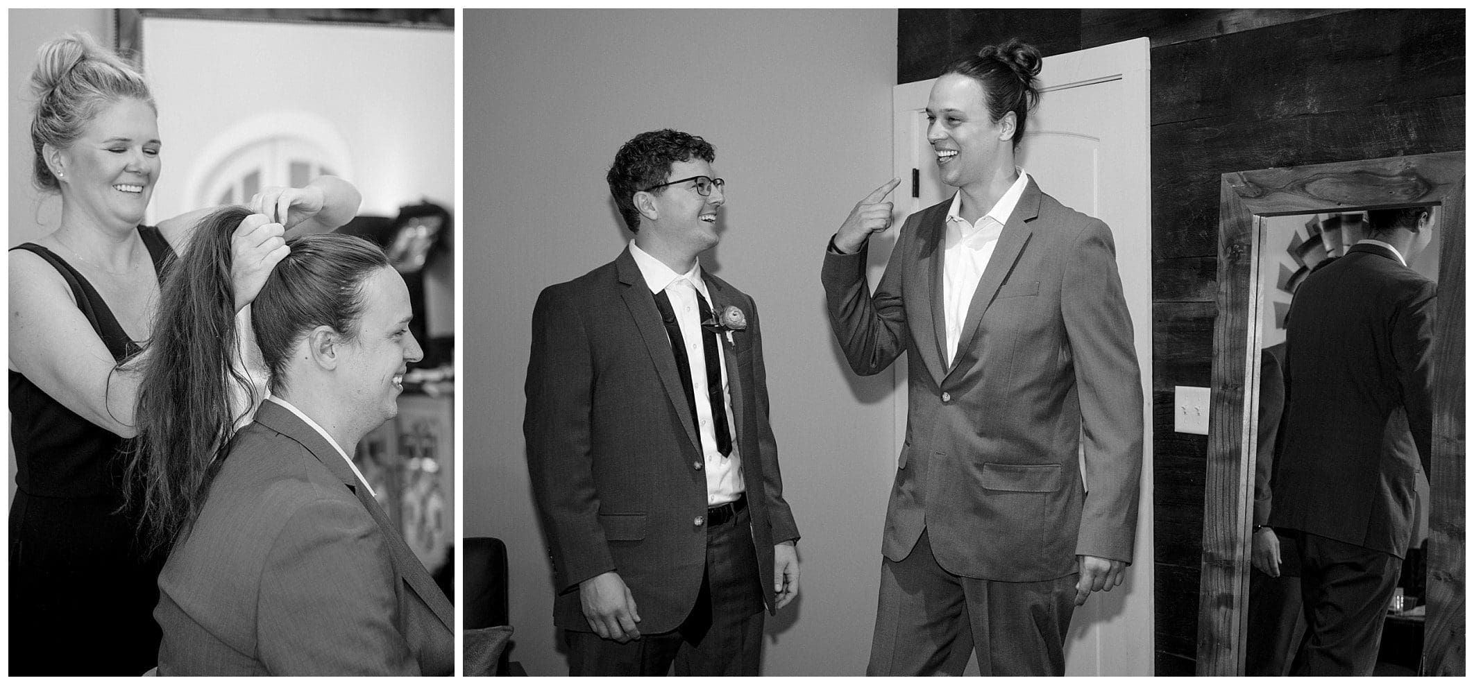 Black and white photos of groomsman getting ready for a wedding.