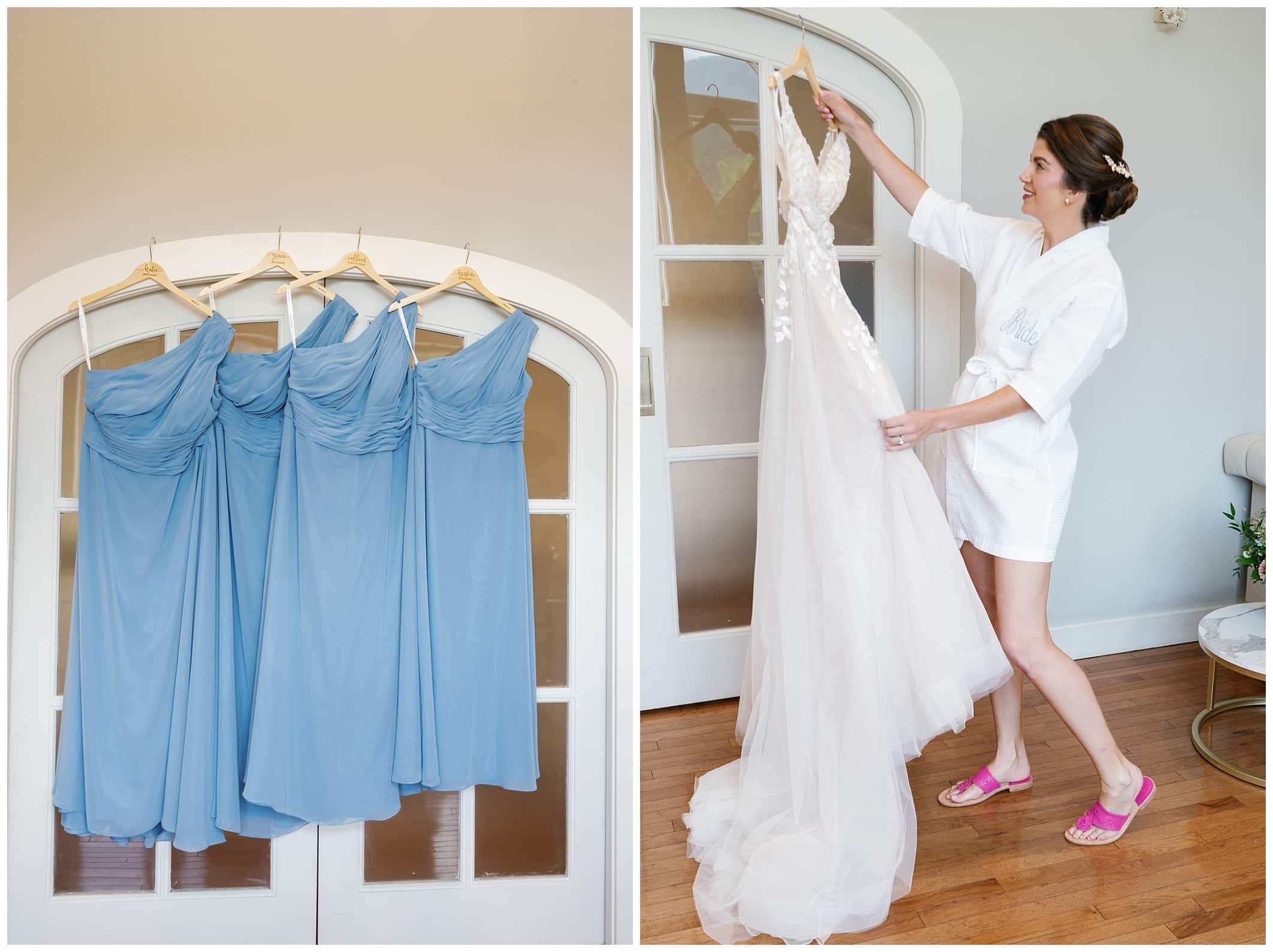 A bride is putting on her blue wedding dress.