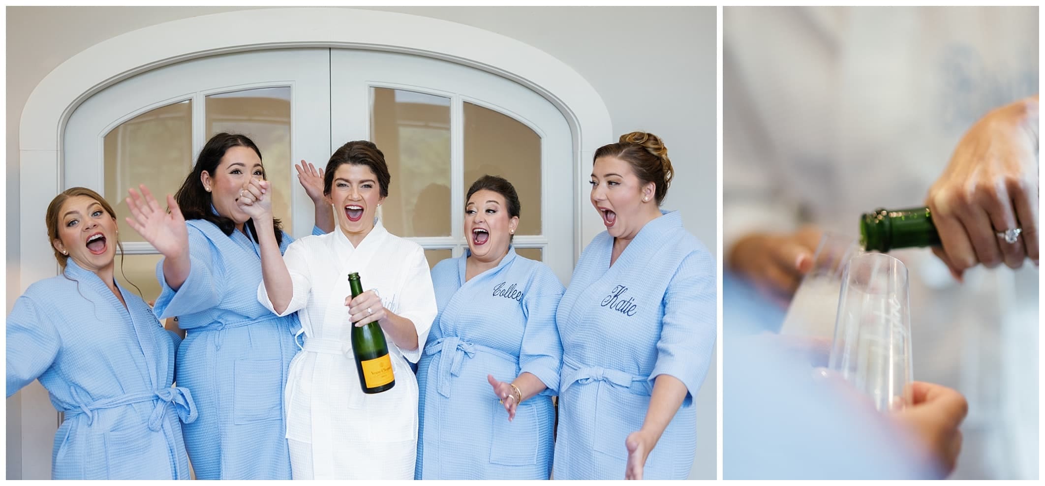 A group of bridesmaids in blue robes holding a bottle of champagne.