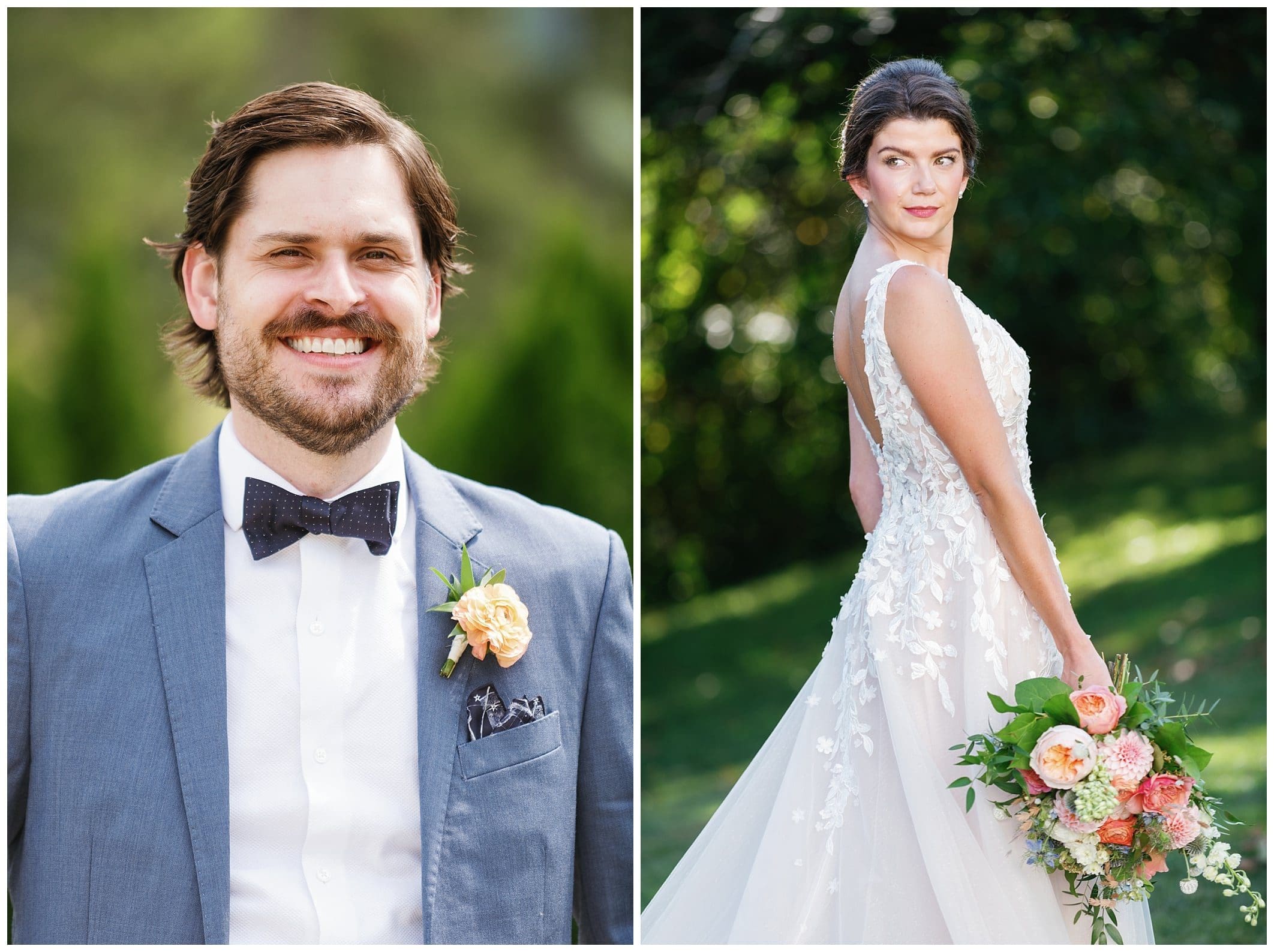 Two pictures of a bride and groom in a wedding dress.