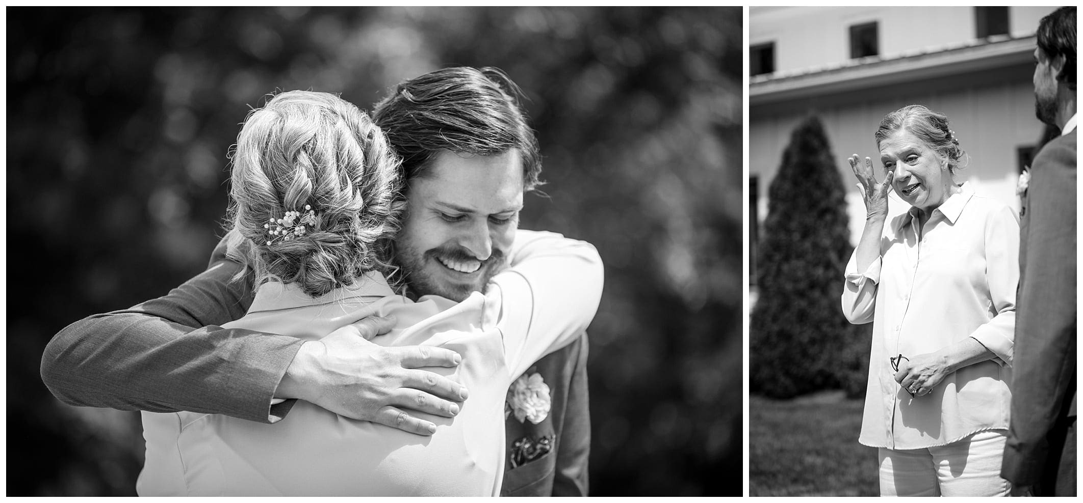 Two black and white photos of the groom hugging his  mother.