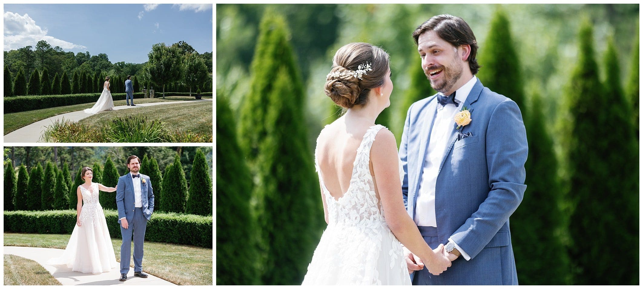 A bride and groom standing next to each other in front of bushes at a summer dream wedding at Chestnut Ridge.