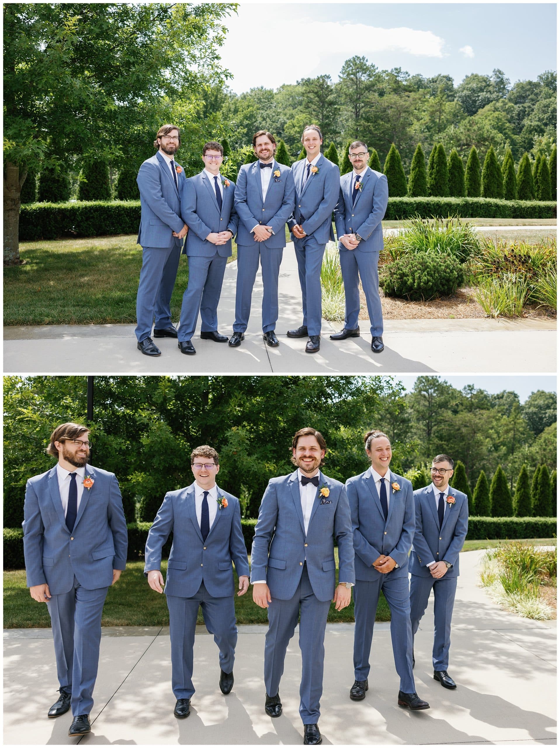 A group of groomsmen in blue tuxedos.