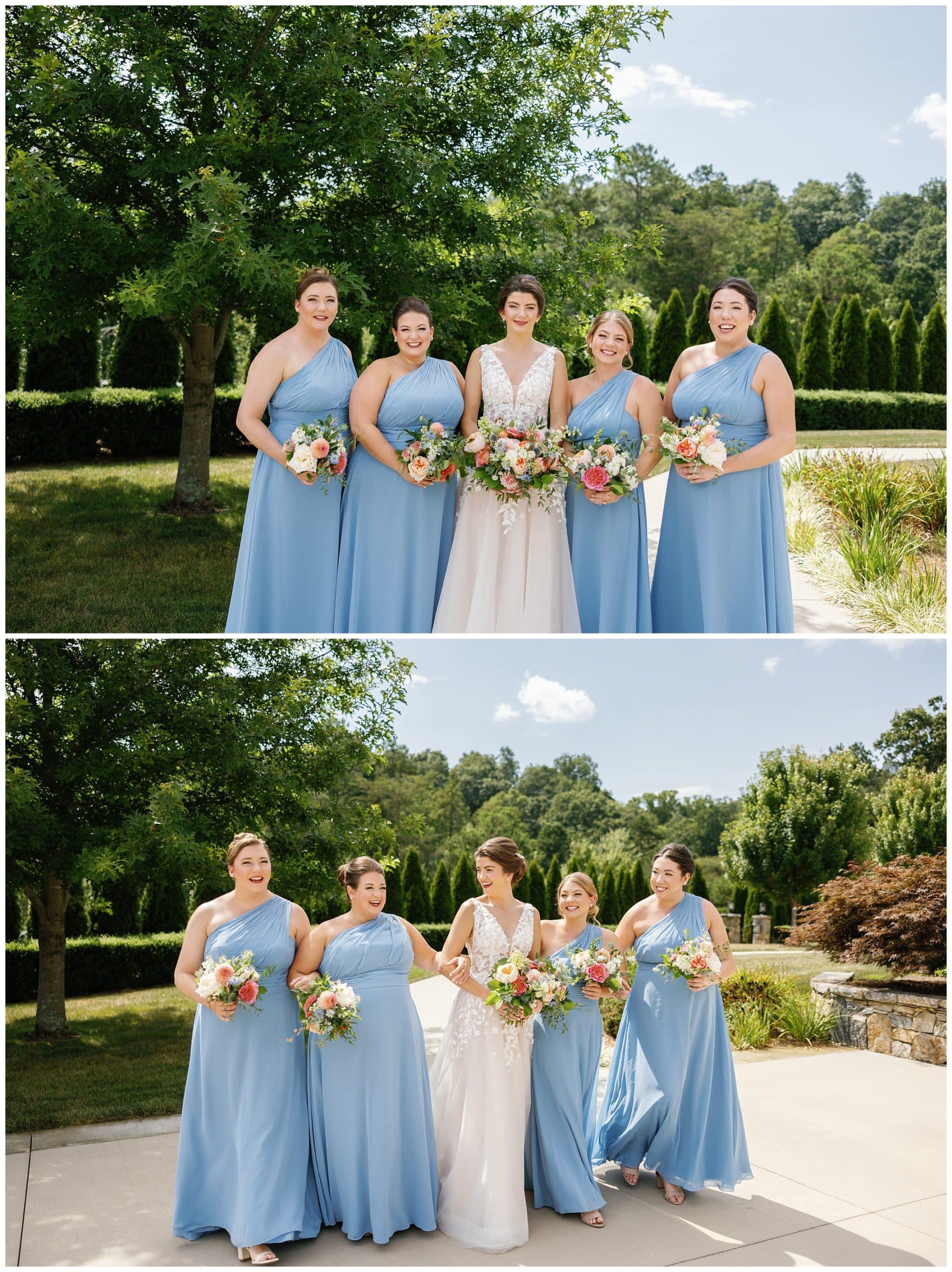 A bride and her bridesmaids in blue dresses.