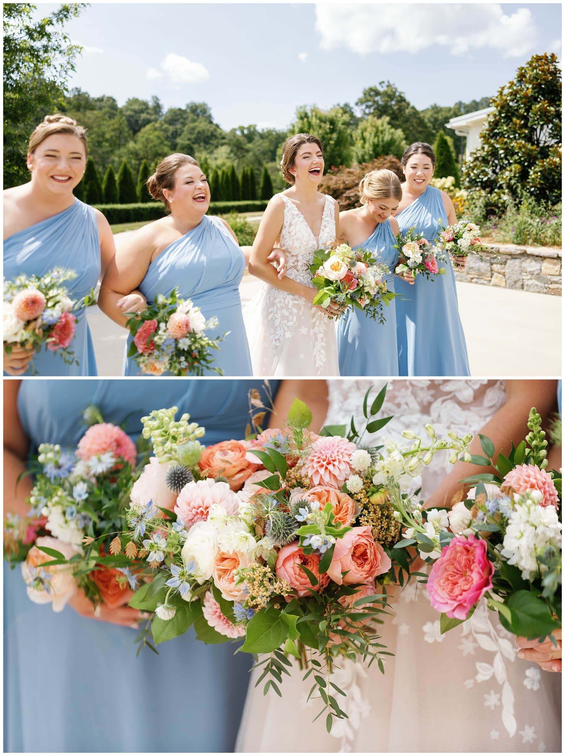The bride and her bridesmaids with their bouquets.