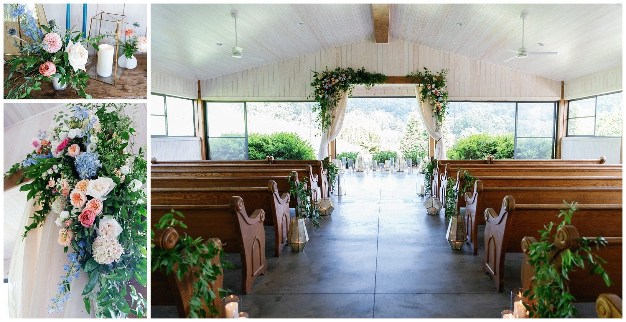 A wedding ceremony with flowers and pews.