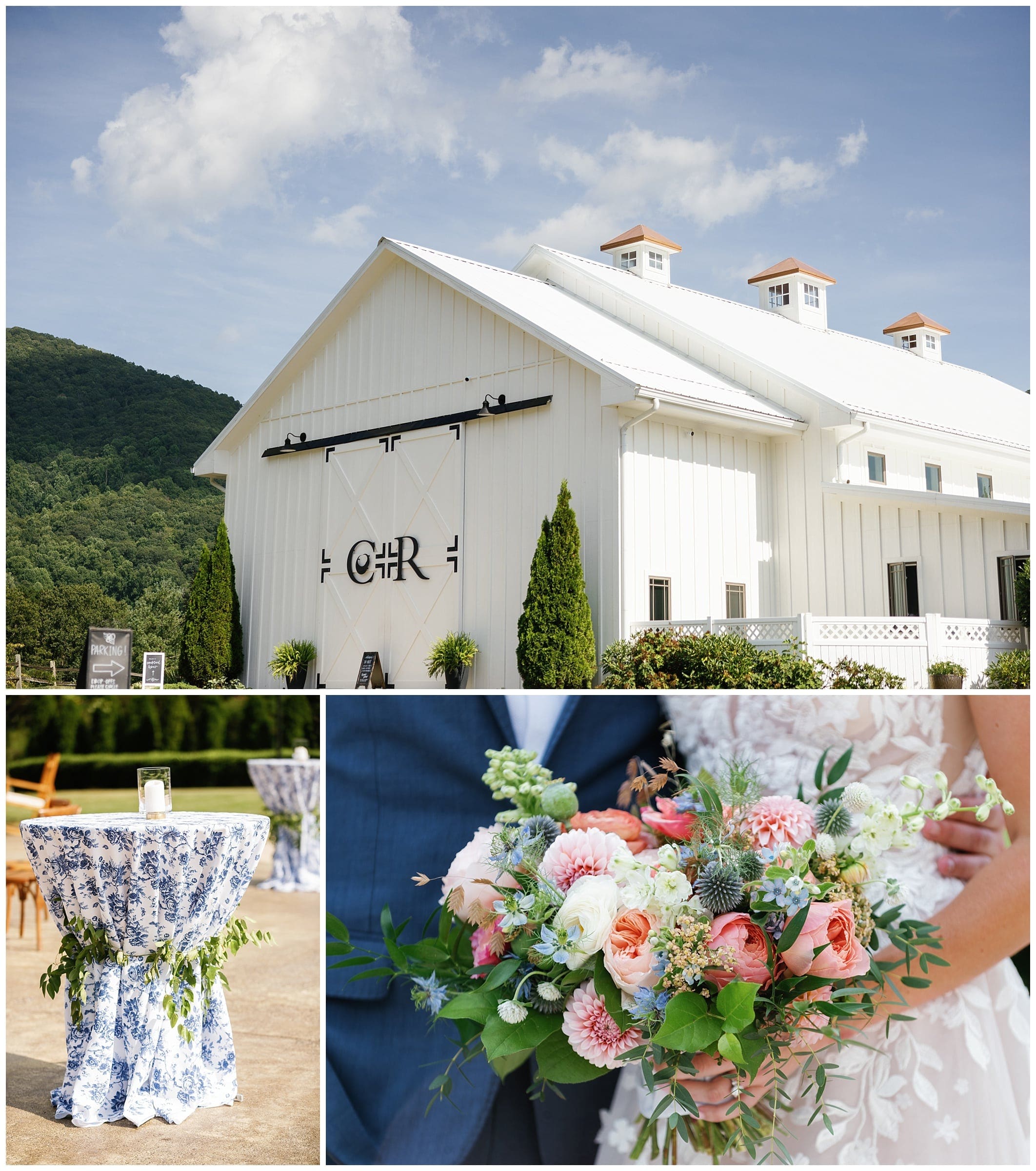 A bride and groom's wedding reception at a white farmhouse venue. 