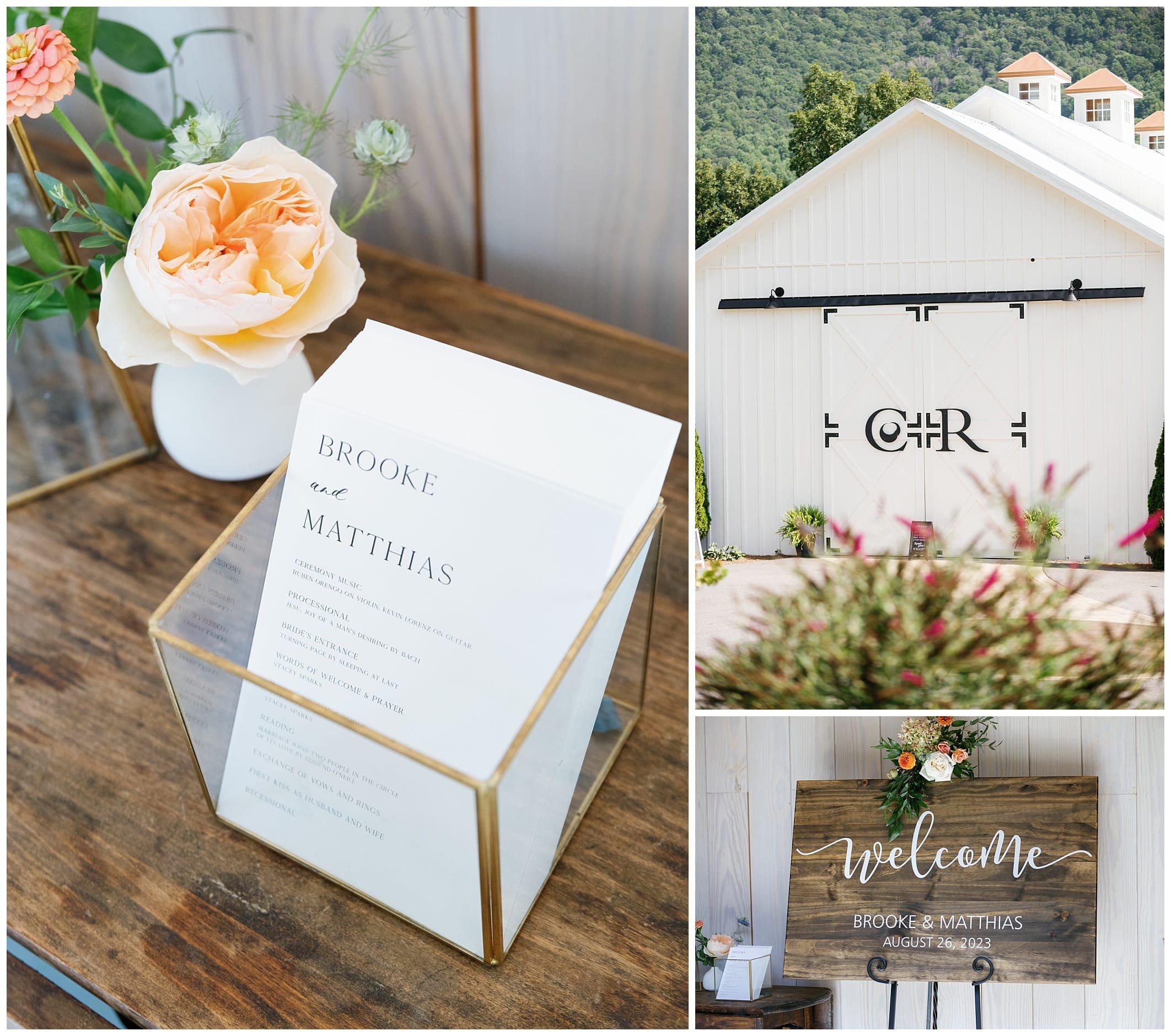 A wedding reception at a farm with flowers and a sign.