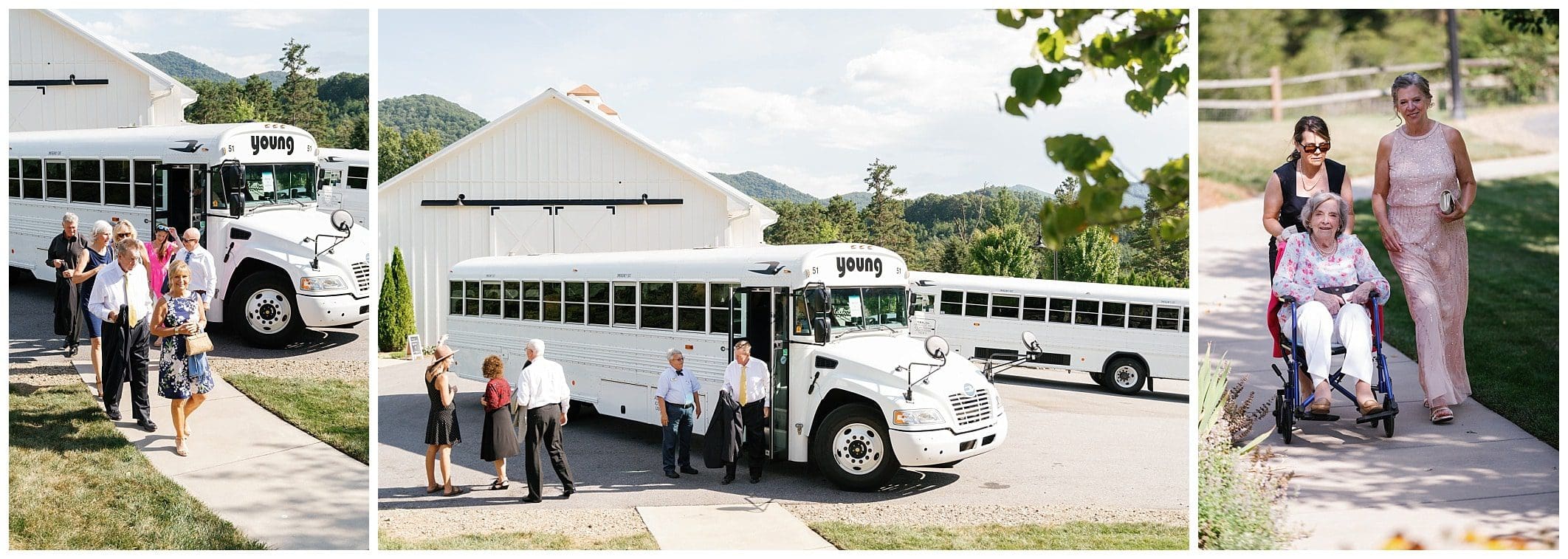 A group of people exiting the  front of a white bus and walking to the wedding cermeony