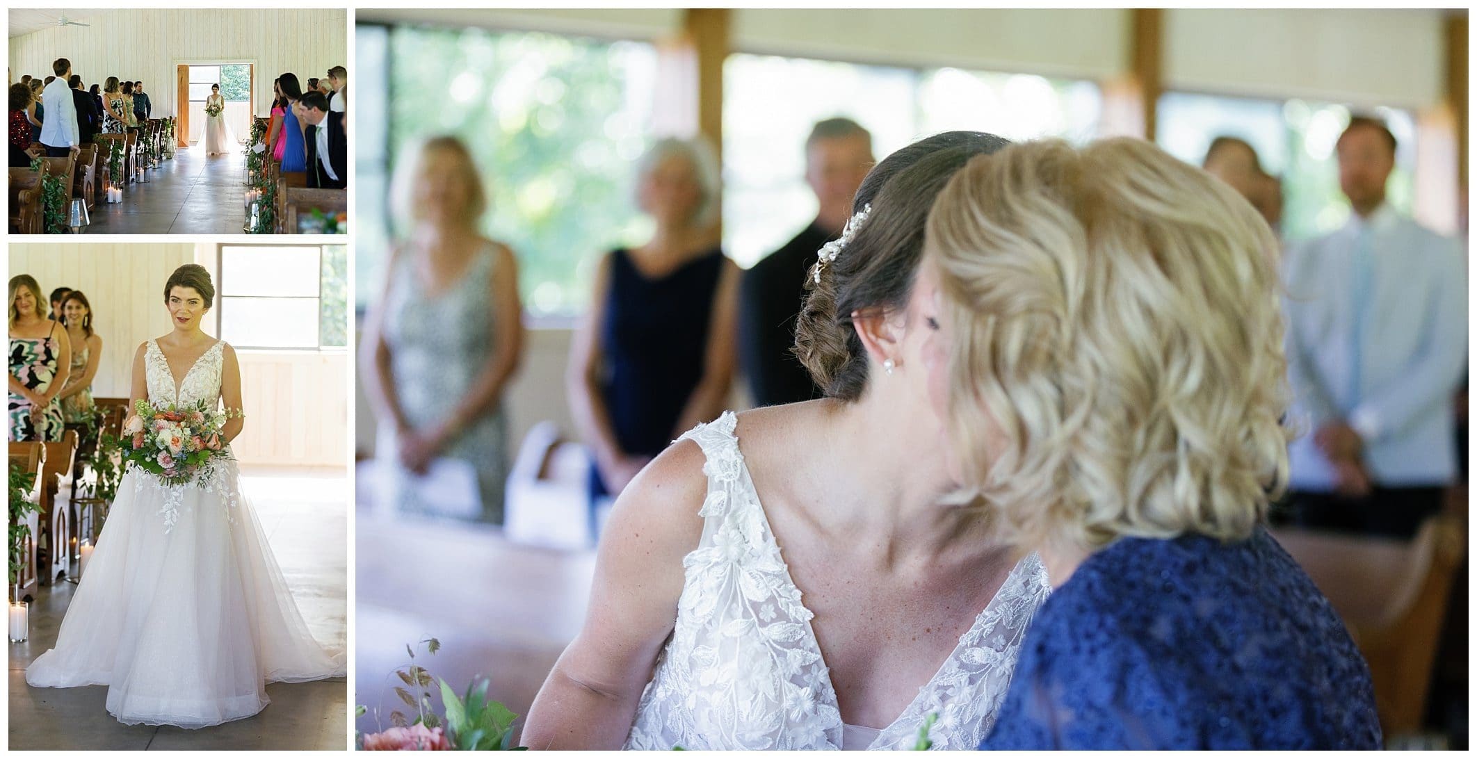 A bride walks down the aisle with her mother.