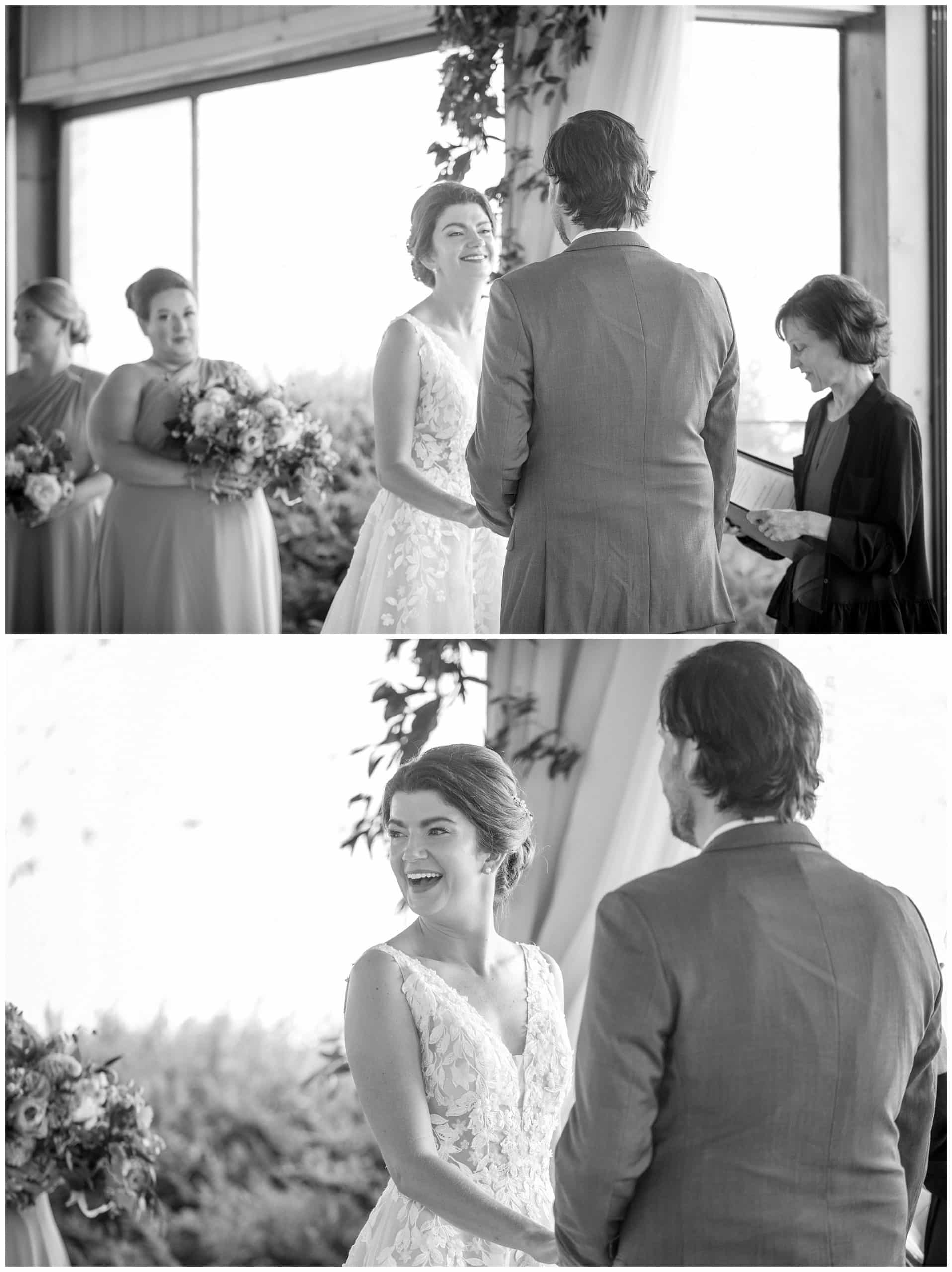 A bride and groom exchange vows during their wedding ceremony.