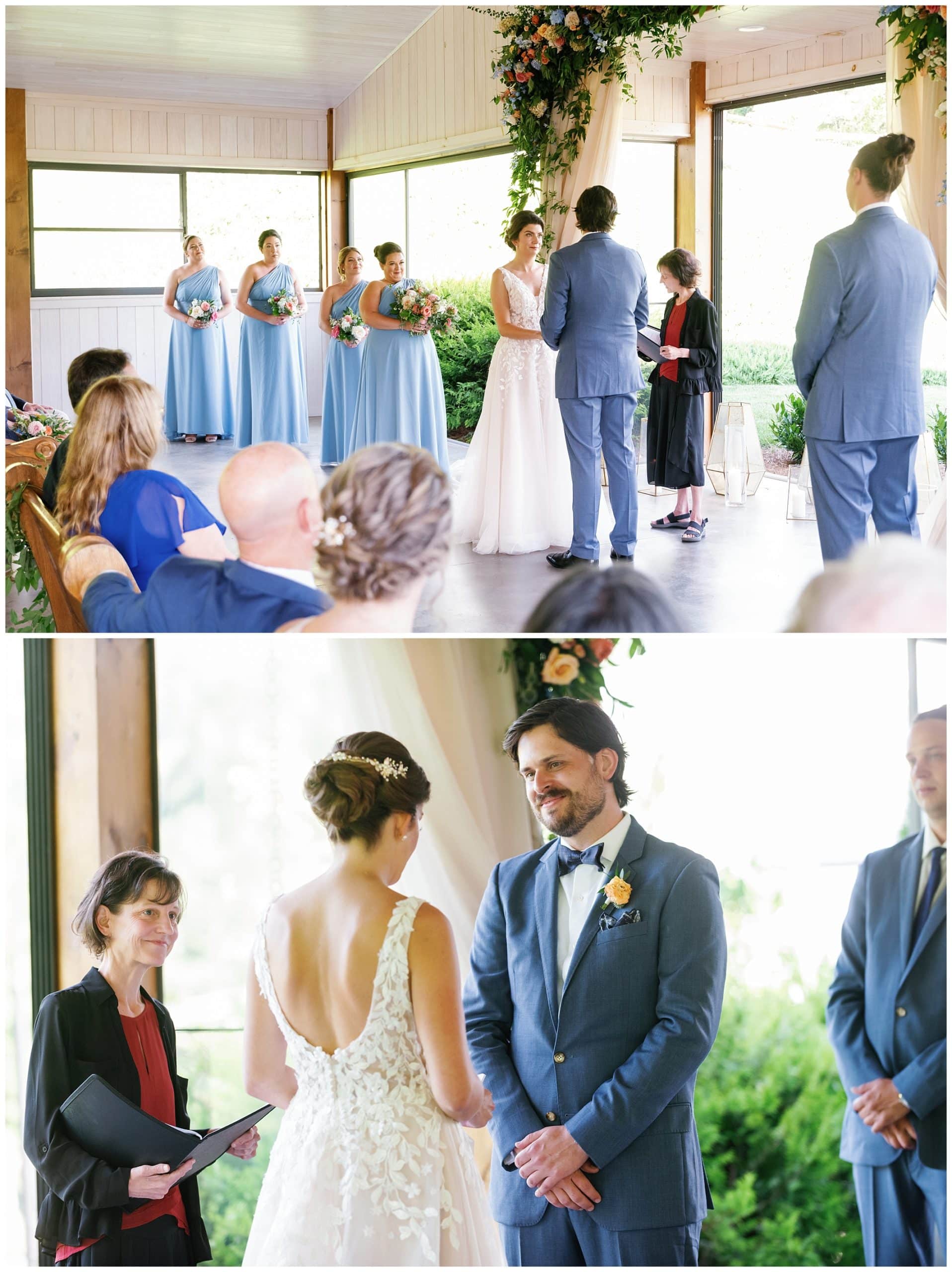 A bride and groom exchange vows during a wedding ceremony.