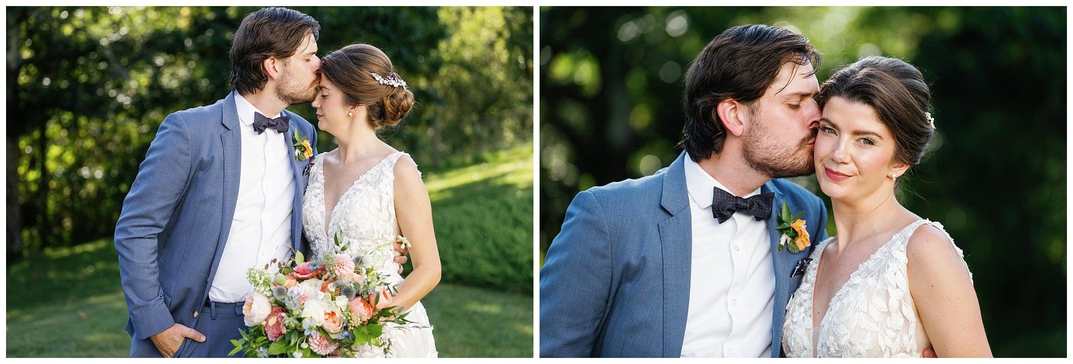 Two photos of a bride and groom kissing.