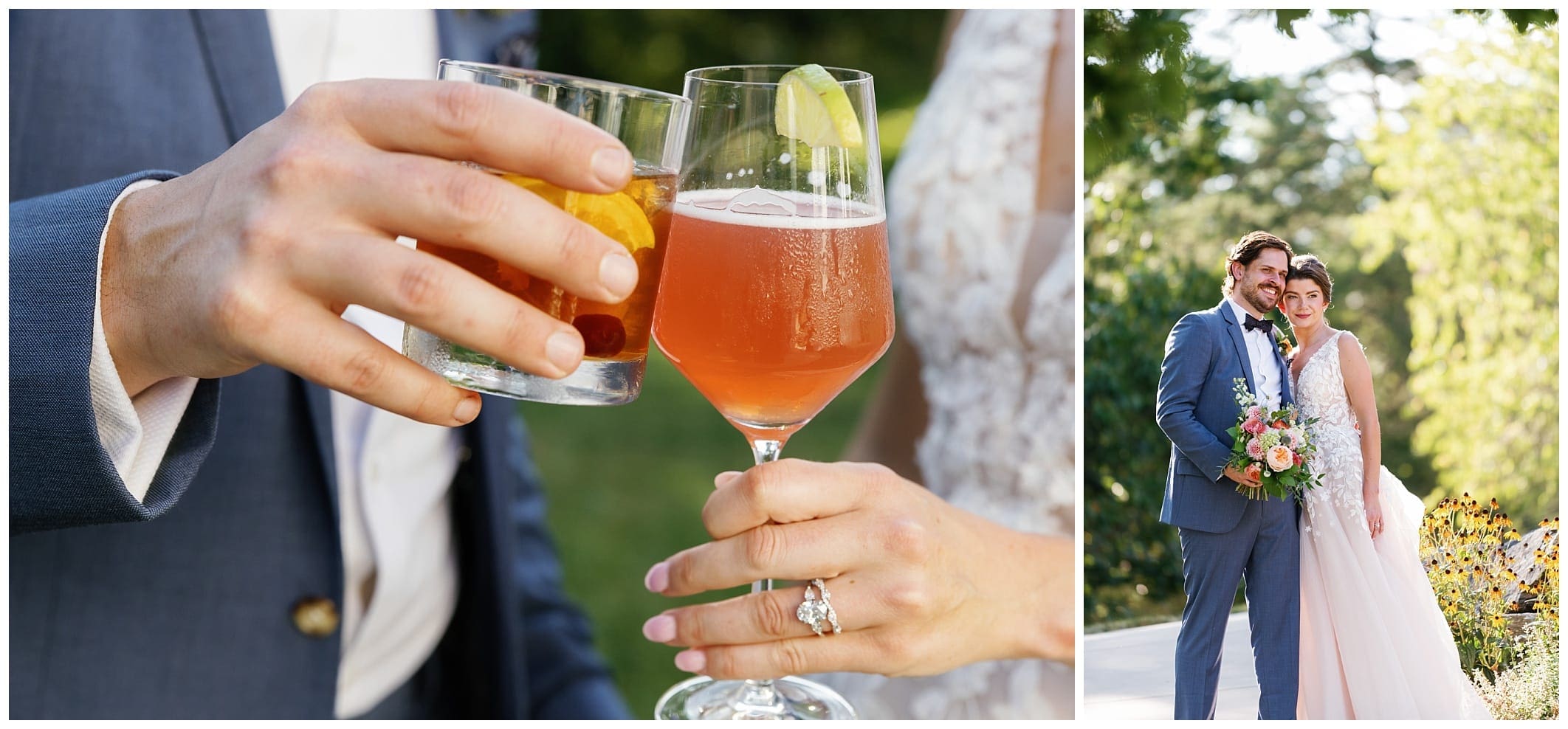 A bride and groom holding a glass of wine.