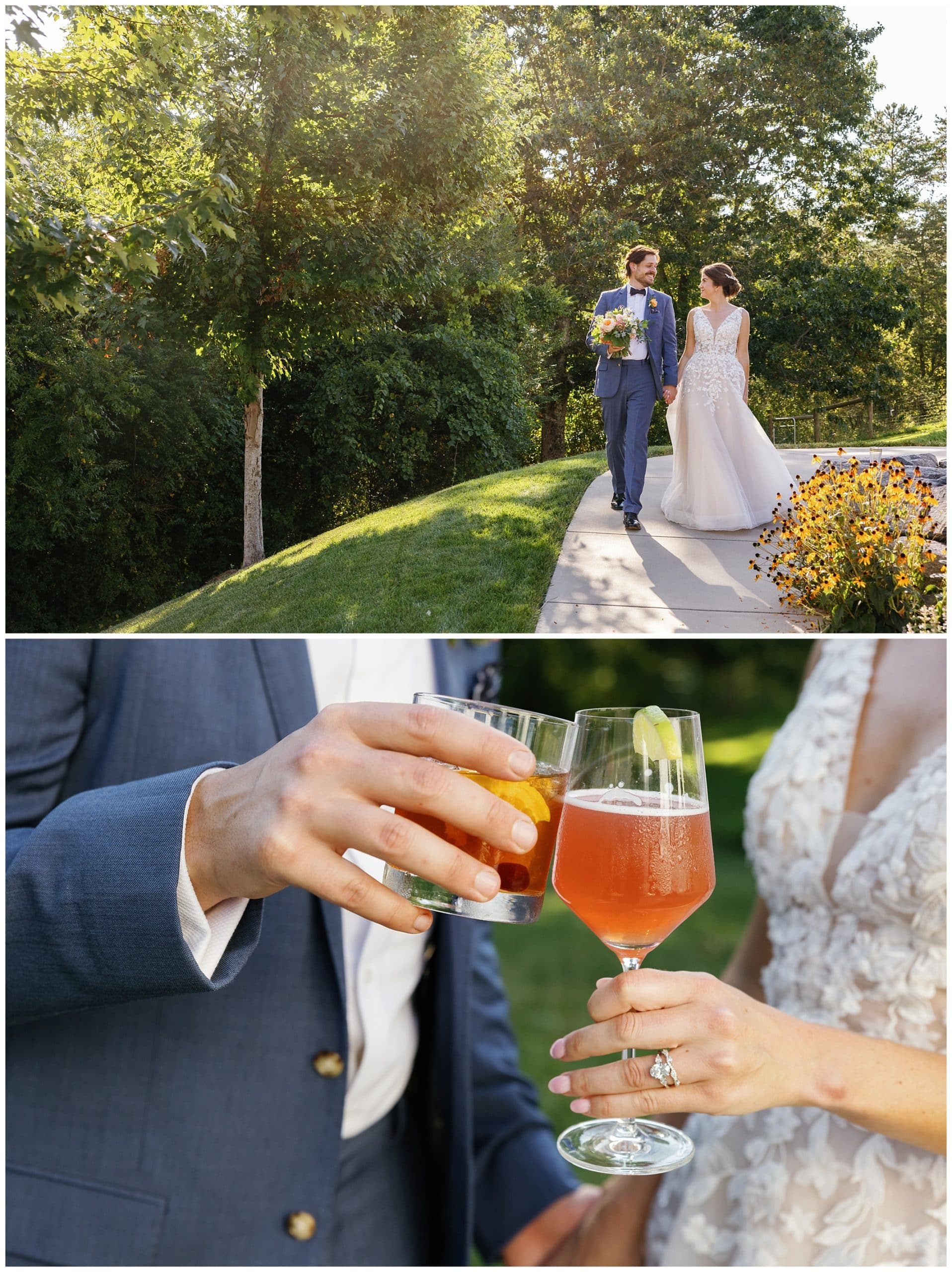 Two pictures of a bride and groom holding glasses of wine.