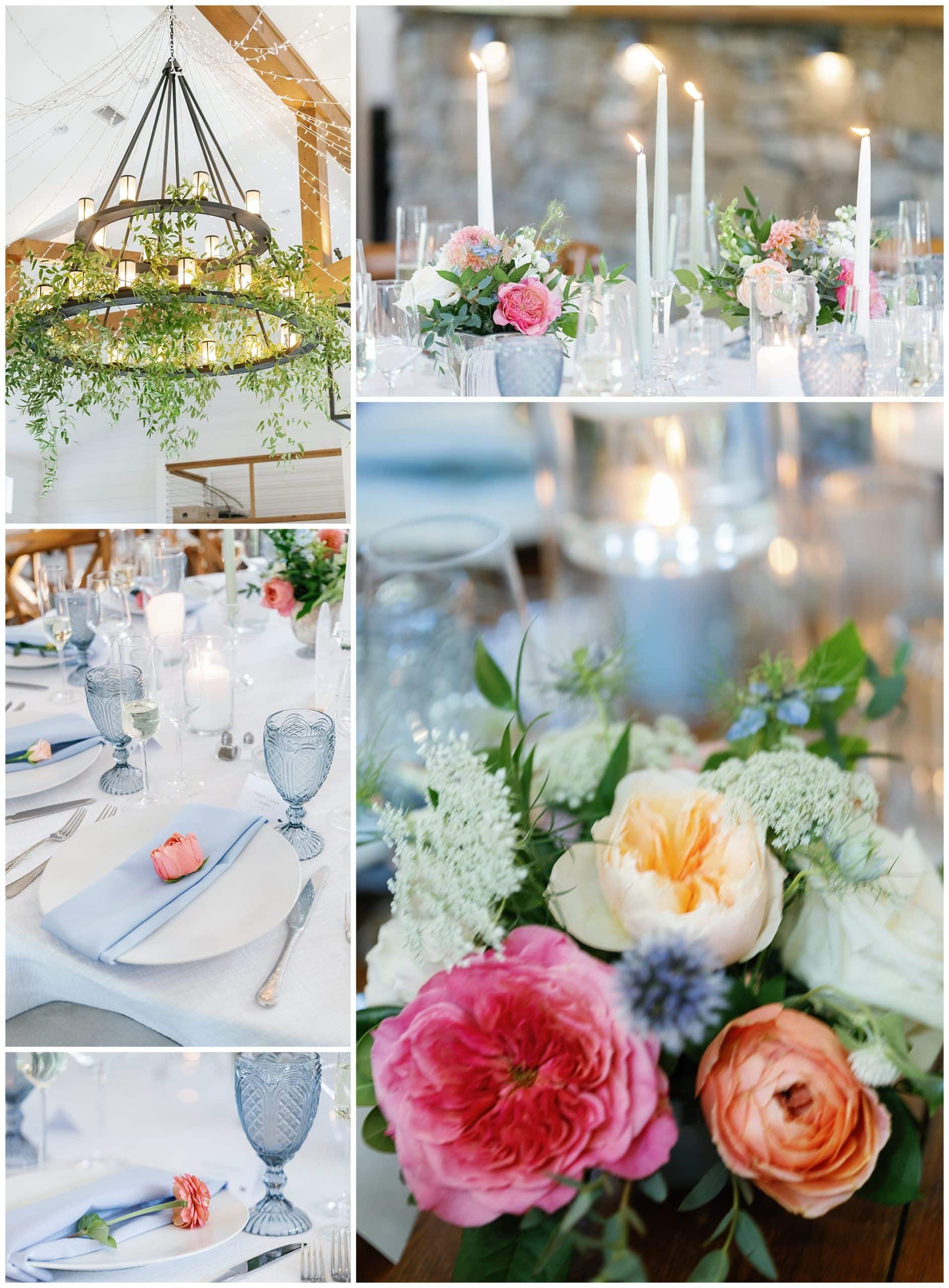A collage of photos of a wedding reception with blue and pink flowers.