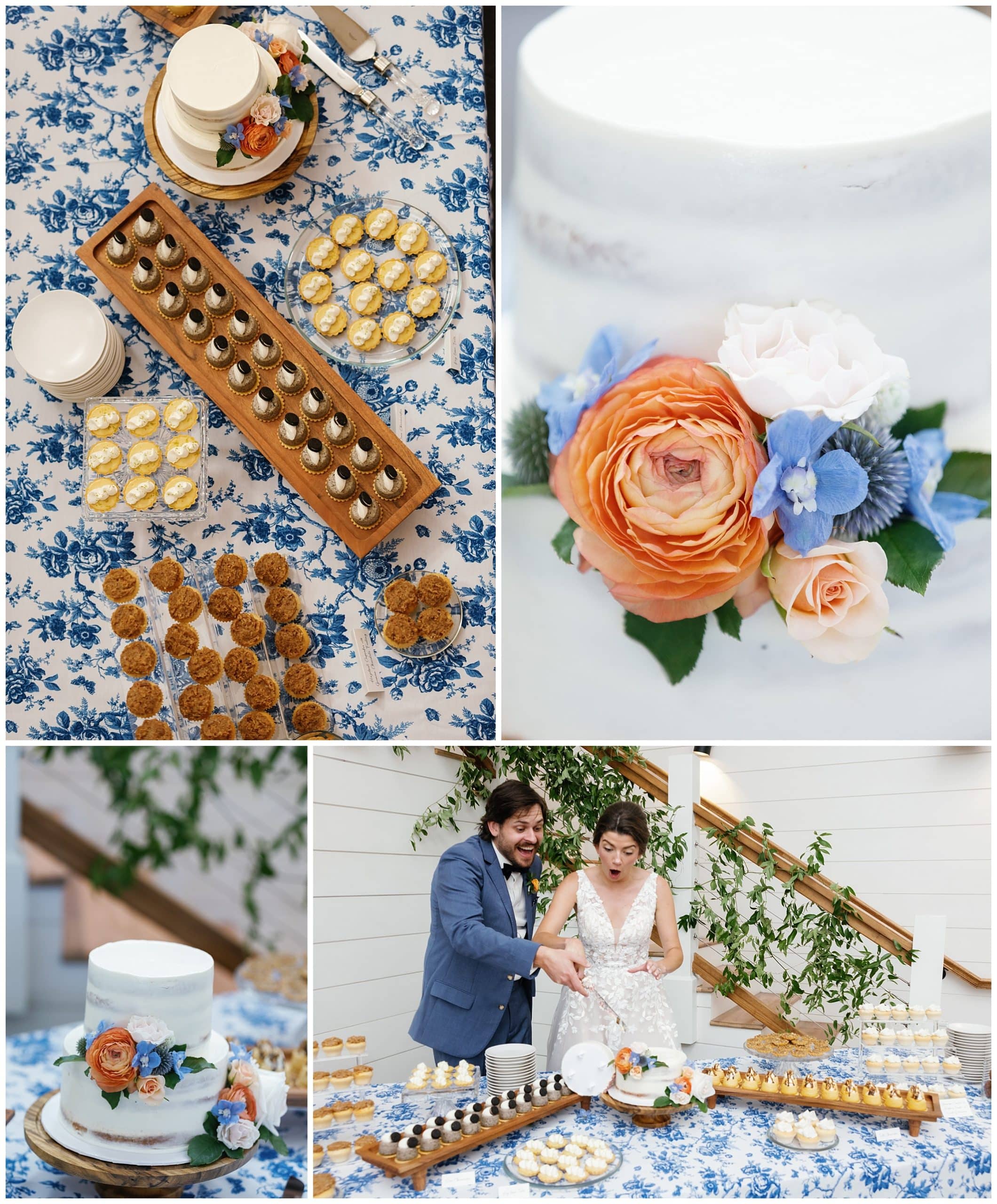 A bride and groom at a wedding reception with a cake and cupcakes.