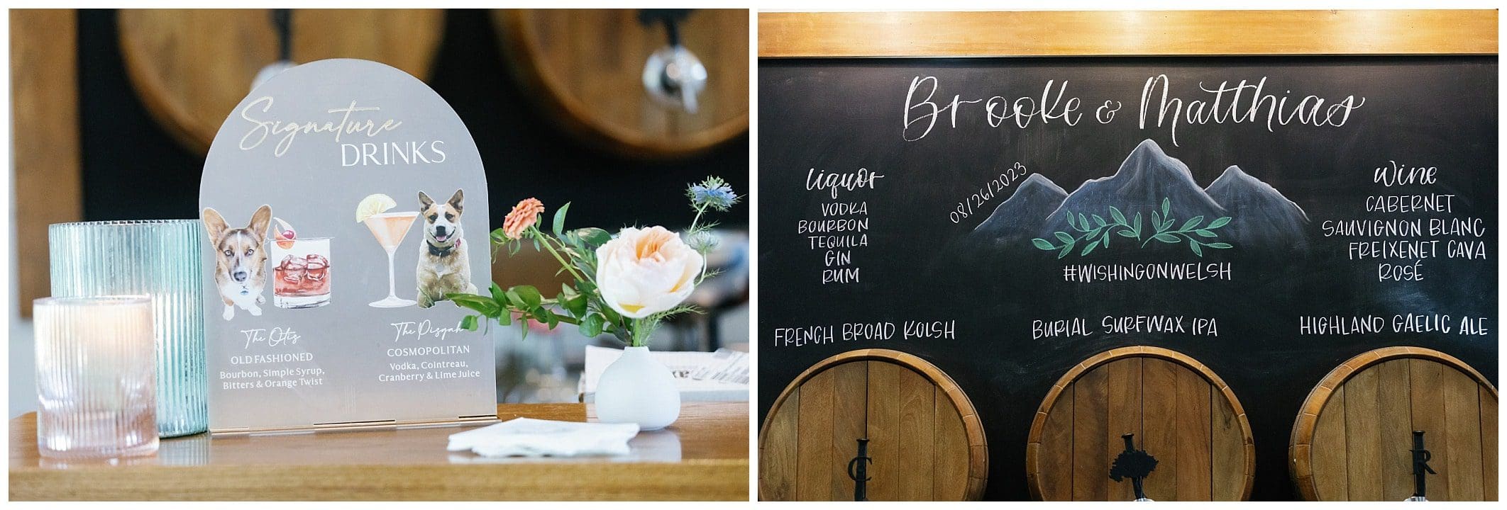 A chalkboard with a menu and wine bottles on it.