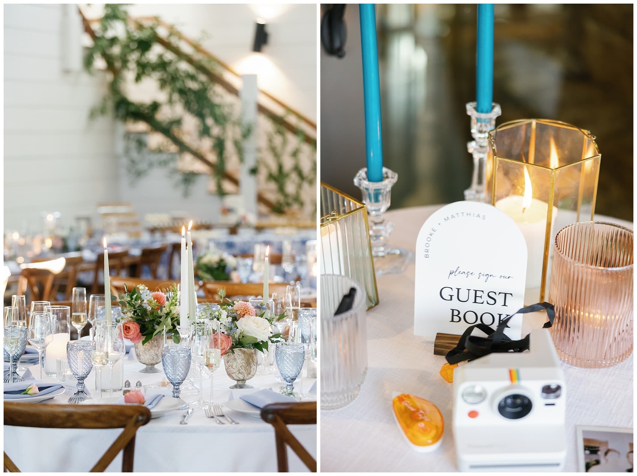 Two pictures of a wedding reception table with candles and a guest book.