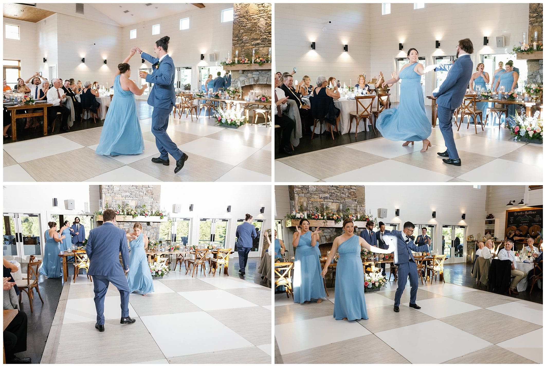 A bride and groom dancing at their wedding reception.