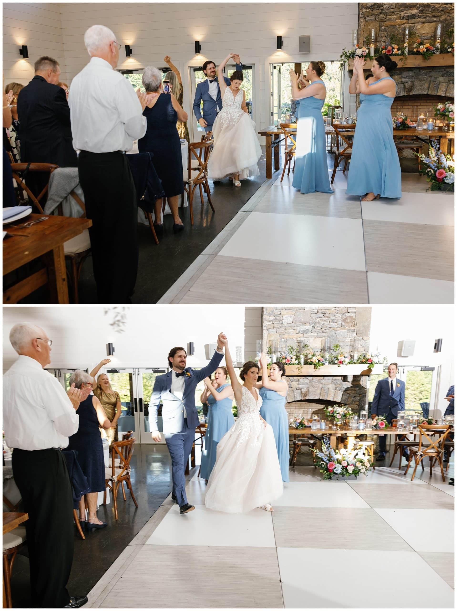 A bride and groom dance at a wedding reception.