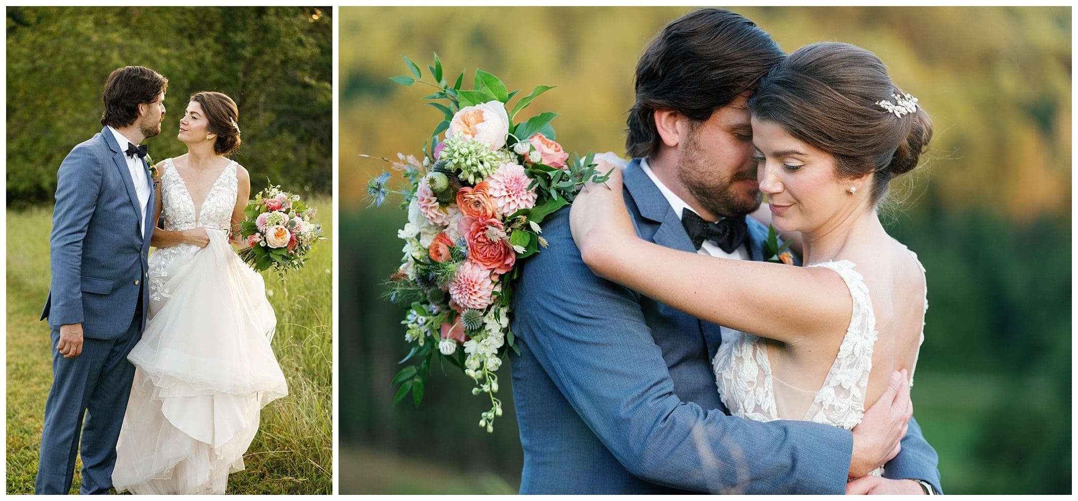 A bride and groom hugging in a field.