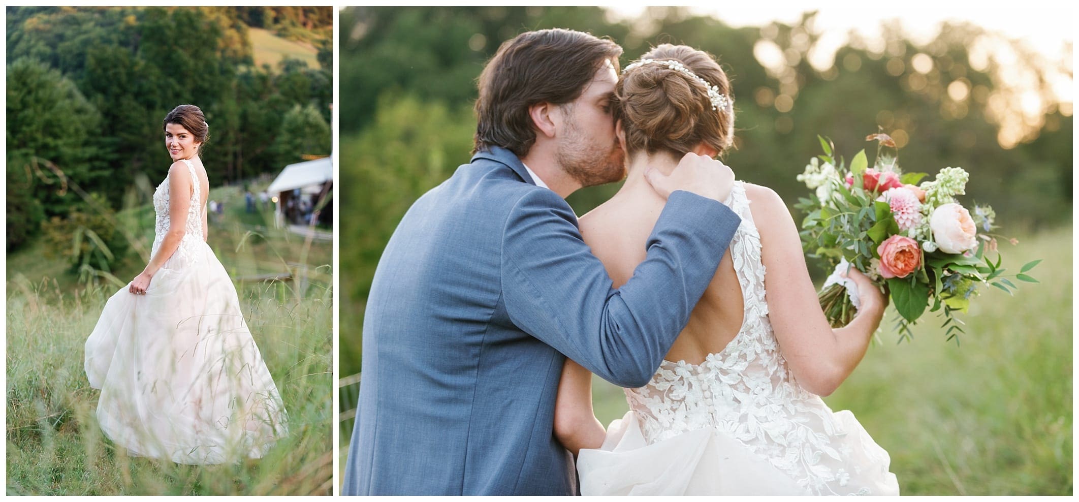 A bride and groom hugging in a field.